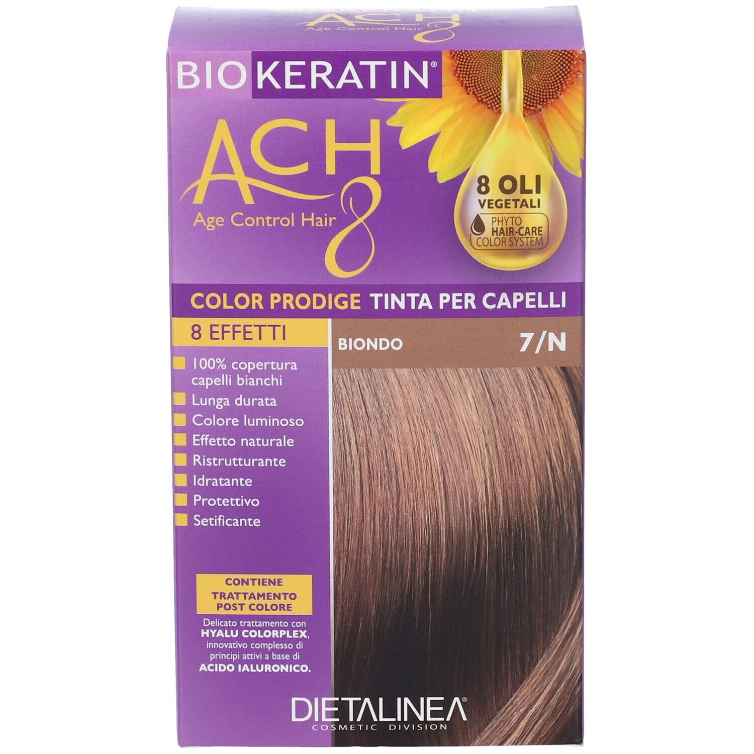 Confezione di tinta per capelli con nome del prodotto e tonalità. Mostra il colore biondo.