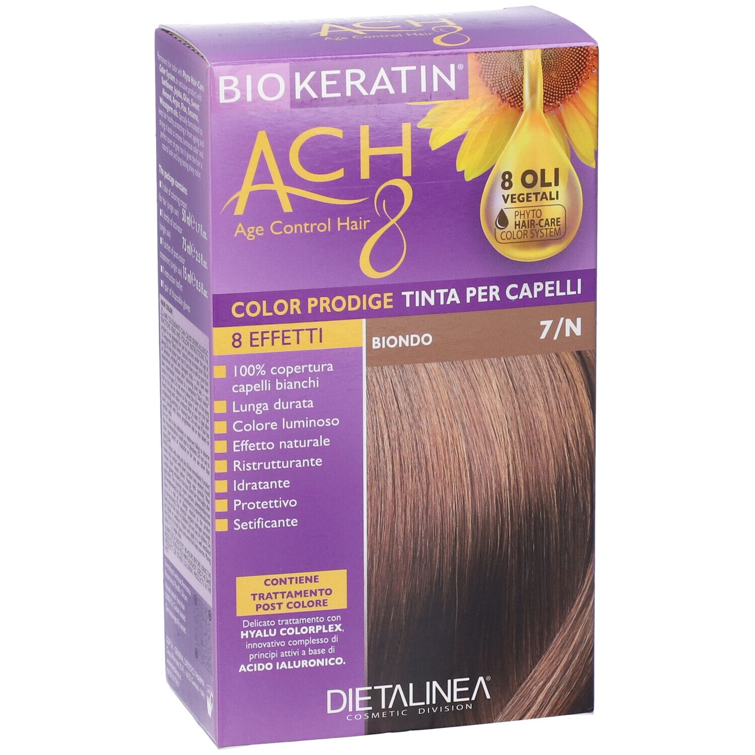 Confezione di tinta per capelli con nome del prodotto e tonalità. Mostra il colore biondo.