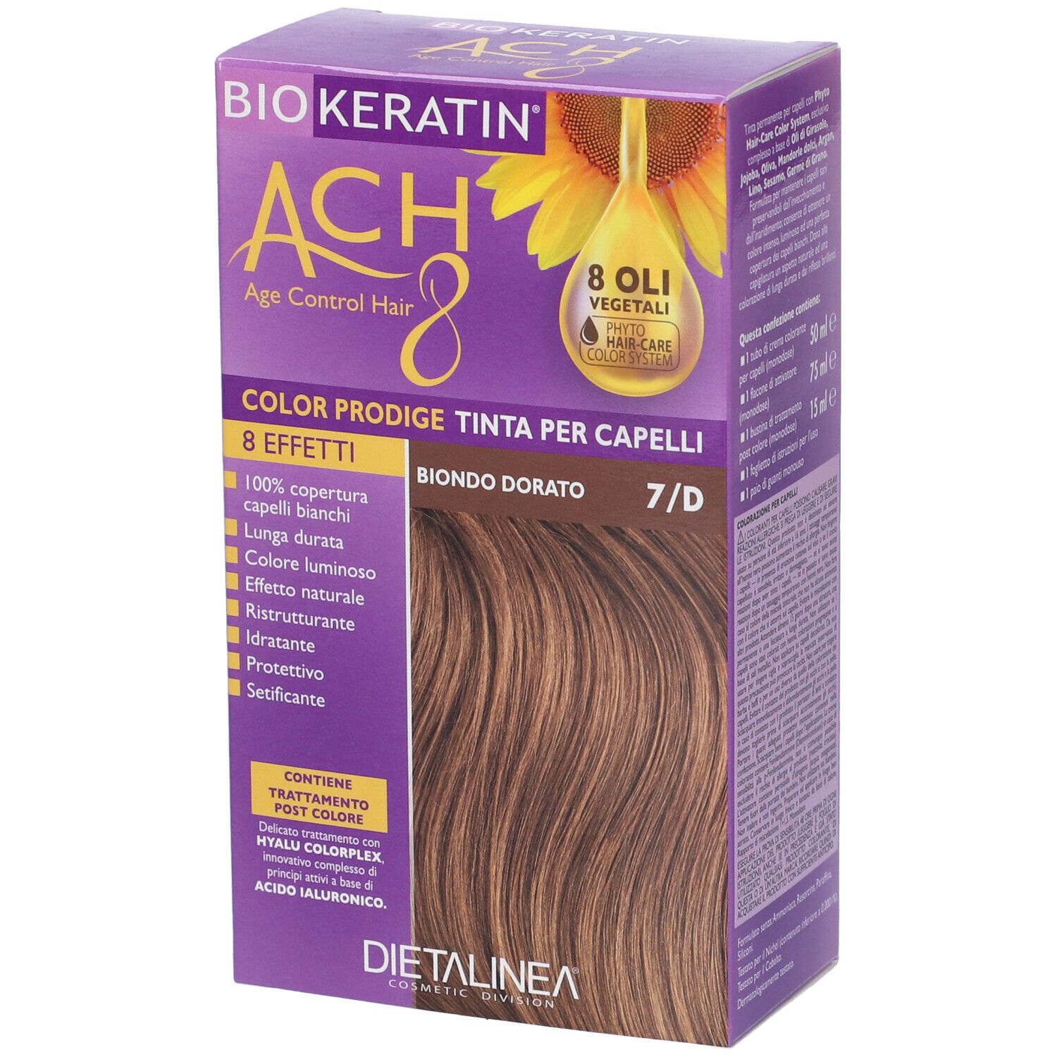 Scatola per la colorazione dei capelli. Scritta: BIOKERATIN ACH8 Color Prodige, 7/D Biondo Dorato. Con illustrazione di girasole.