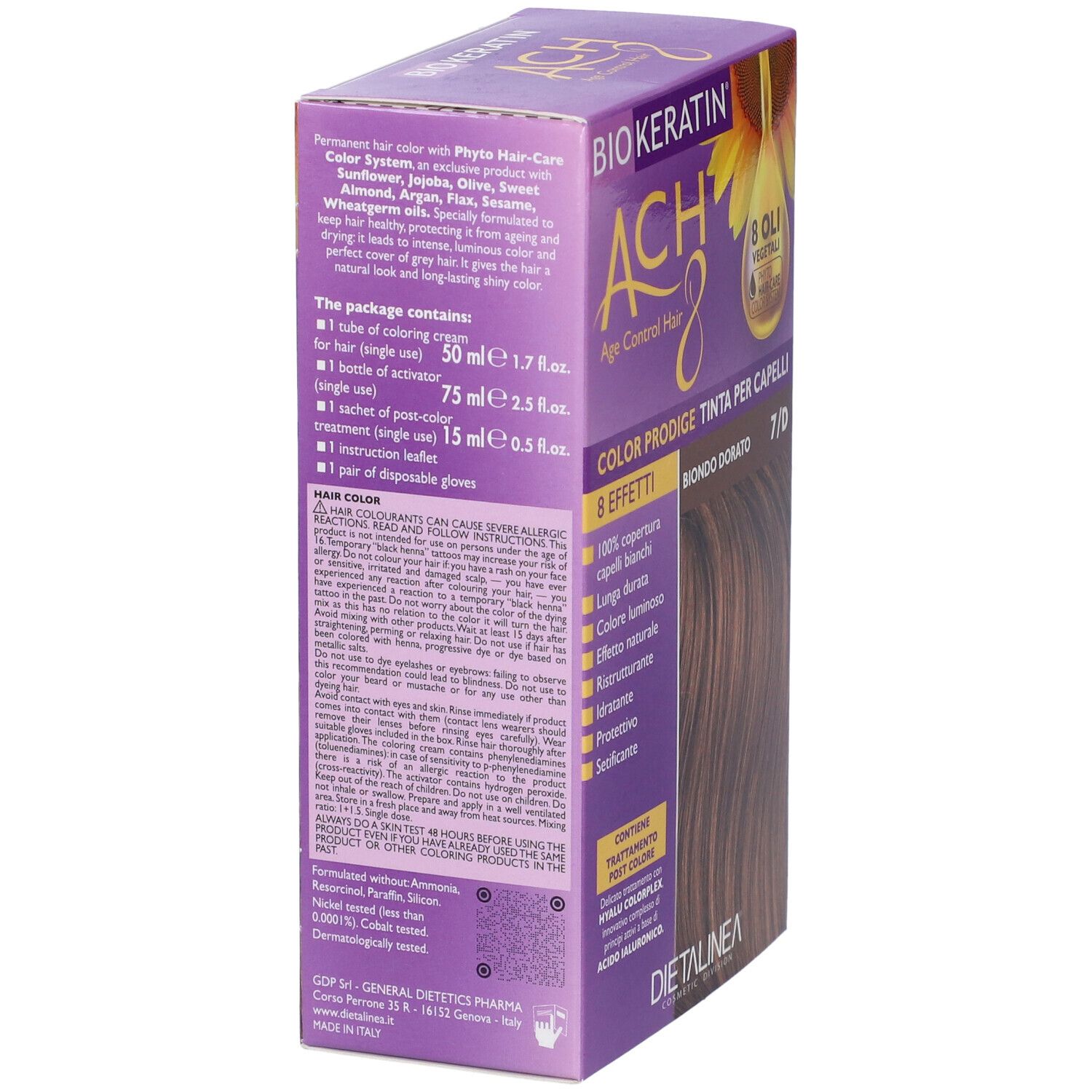 Scatola per la colorazione dei capelli. Scritta: BIOKERATIN ACH8 Color Prodige, 7/D Biondo Dorato. Con informazioni e testo.