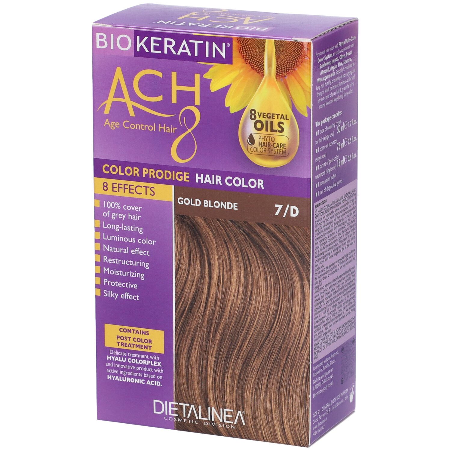 Scatola per la colorazione dei capelli. Scritta: BIOKERATIN ACH8 Color Prodige, 7/D Gold Blonde. Con illustrazione di girasole.