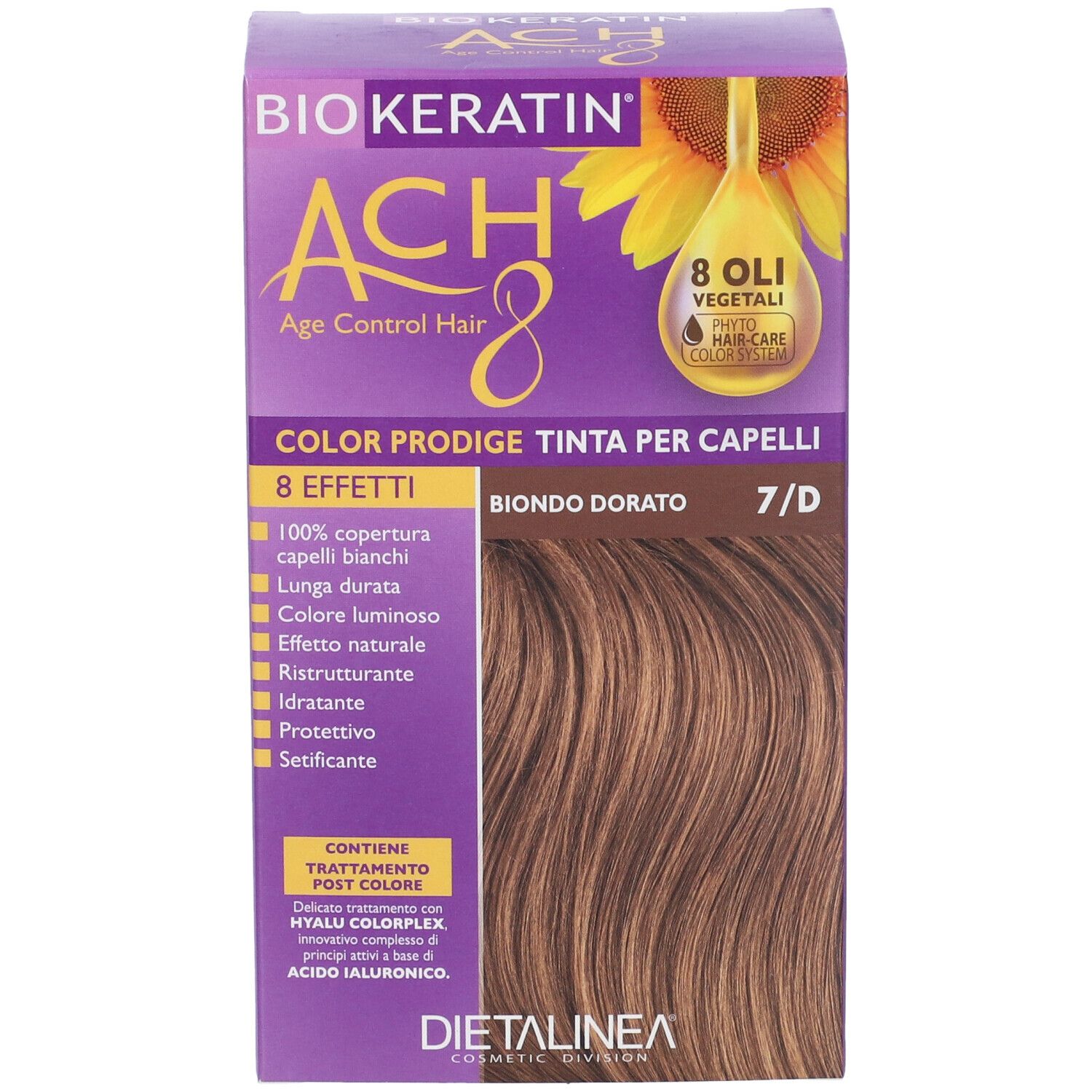 Scatola per la colorazione dei capelli. Scritta: BIOKERATIN ACH8 Color Prodige, 7/D Biondo Dorato. Con illustrazione di girasole.