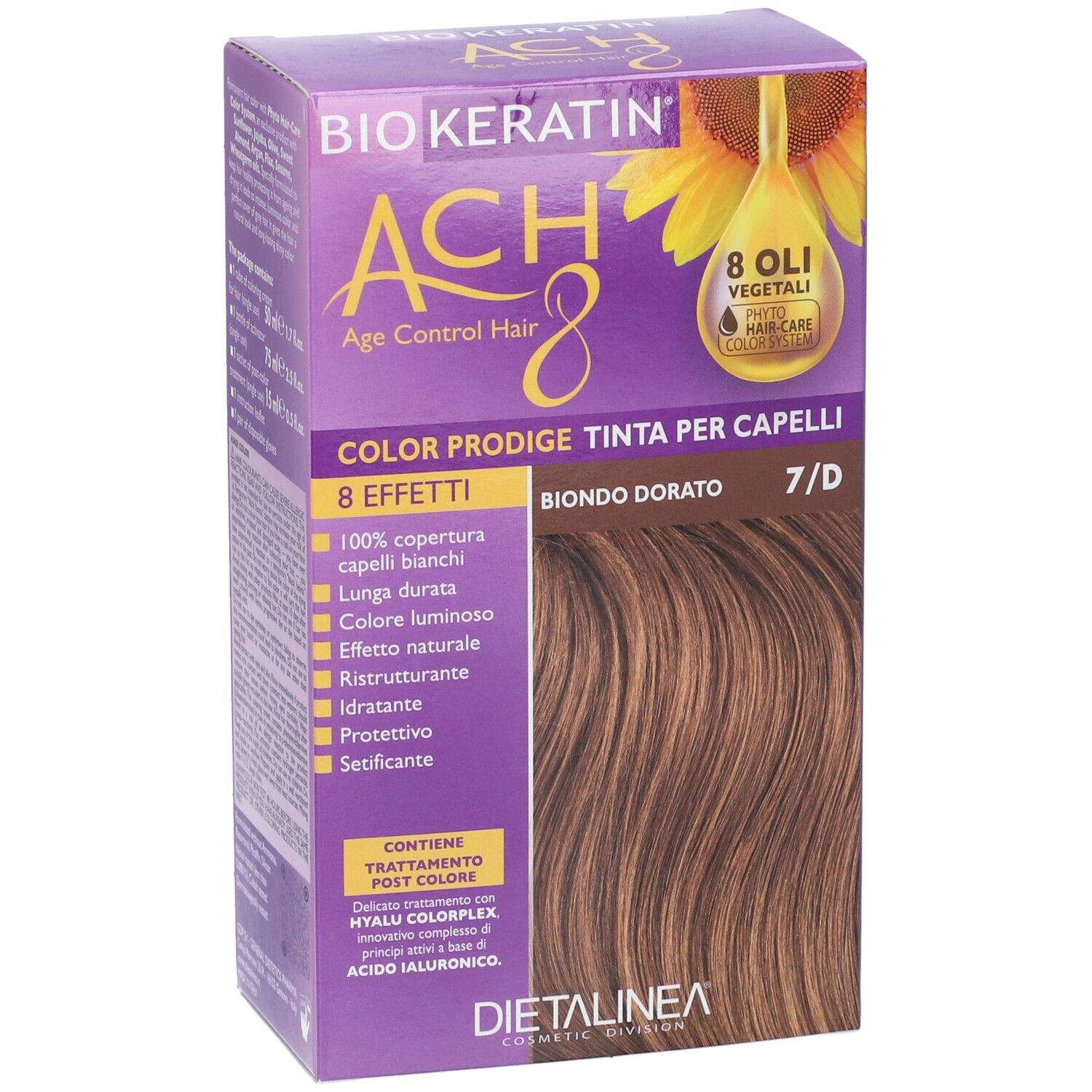 Scatola per la colorazione dei capelli. Scritta: BIOKERATIN ACH8 Color Prodige, 7/D Biondo Dorato. Con illustrazione di girasole.