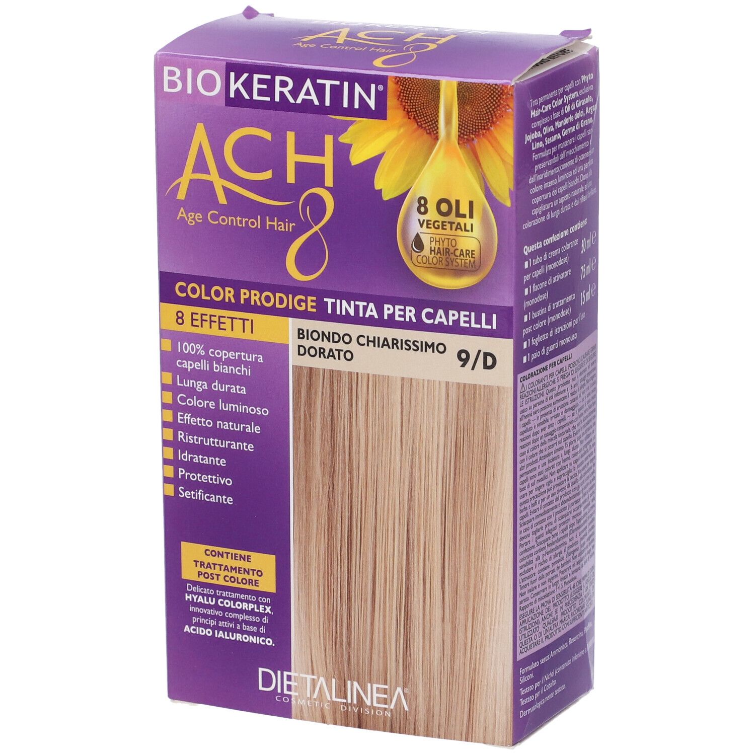 Confezione di tinta per capelli con capelli biondi. Sulla confezione è scritto 'Biokeratin ACH8 Color Prodige 9/D'.