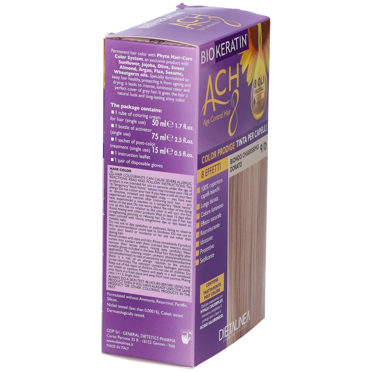 Retro della confezione di tinta per capelli. Contiene informazioni sul prodotto e ingredienti. Marchio: Biokeratin ACH8.