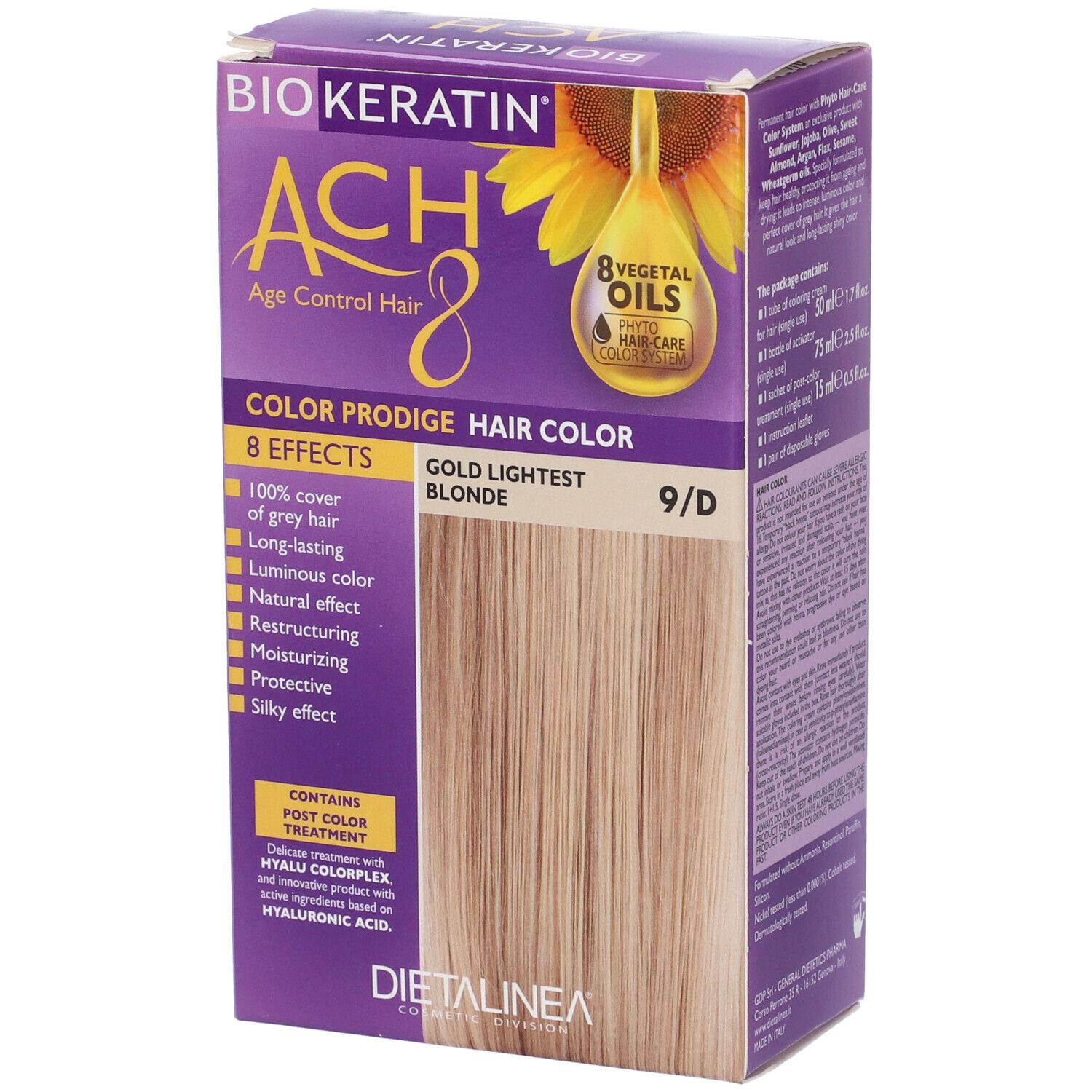 Confezione di tinta per capelli con capelli biondi. Sulla confezione è scritto 'Biokeratin ACH8 Color Prodige 9/D'.