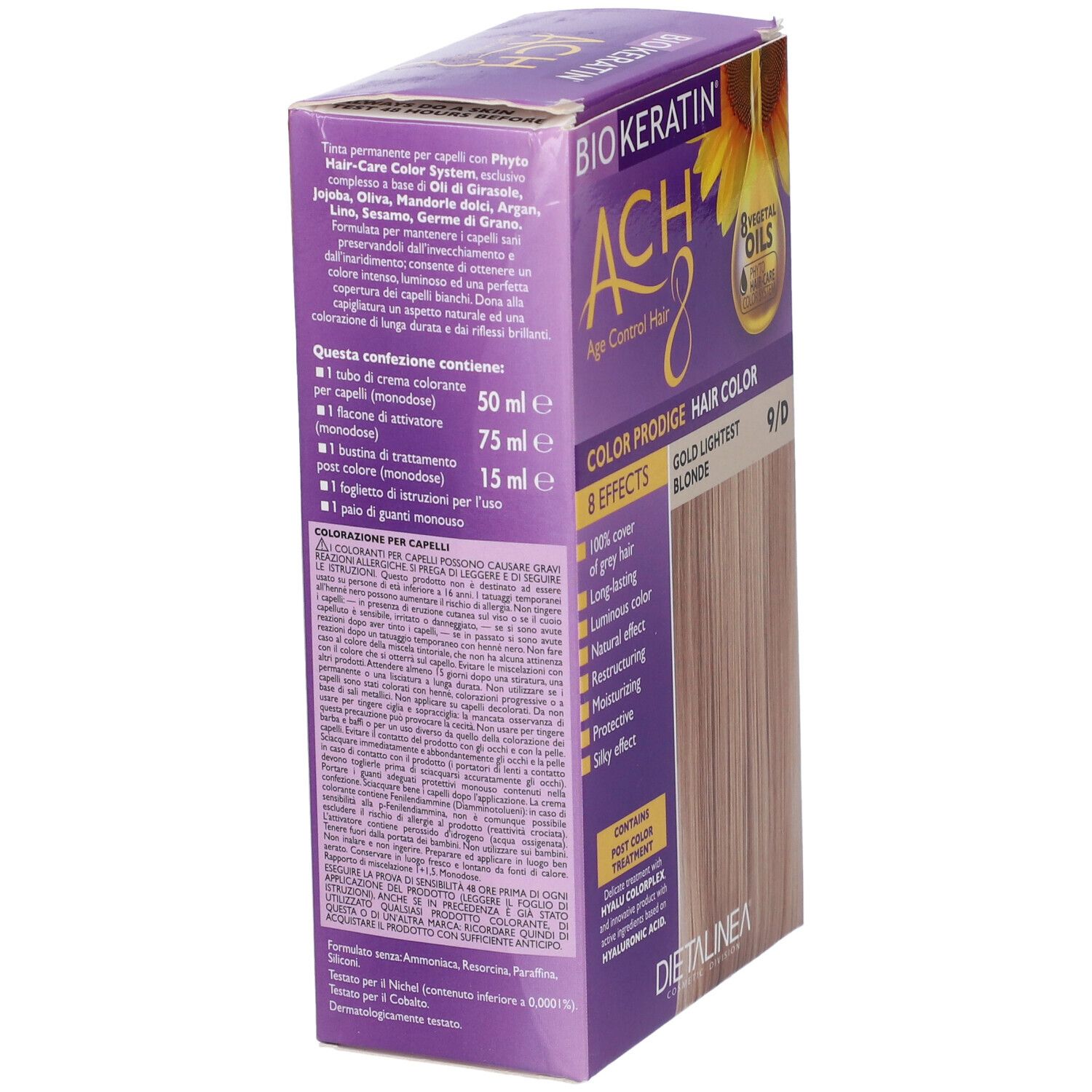 Retro della confezione di tinta per capelli. Contiene informazioni sul prodotto e ingredienti. Marchio: Biokeratin ACH8.