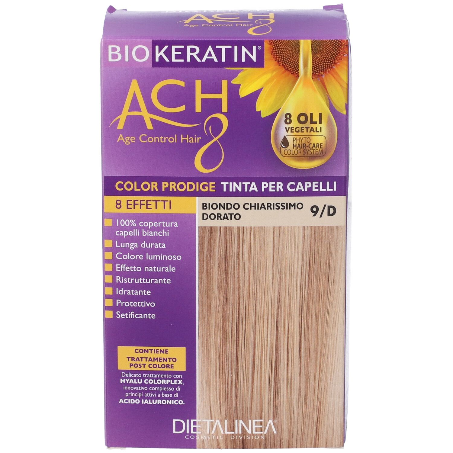Confezione di tinta per capelli con capelli biondi. Sulla confezione è scritto 'Biokeratin ACH8 Color Prodige 9/D'.