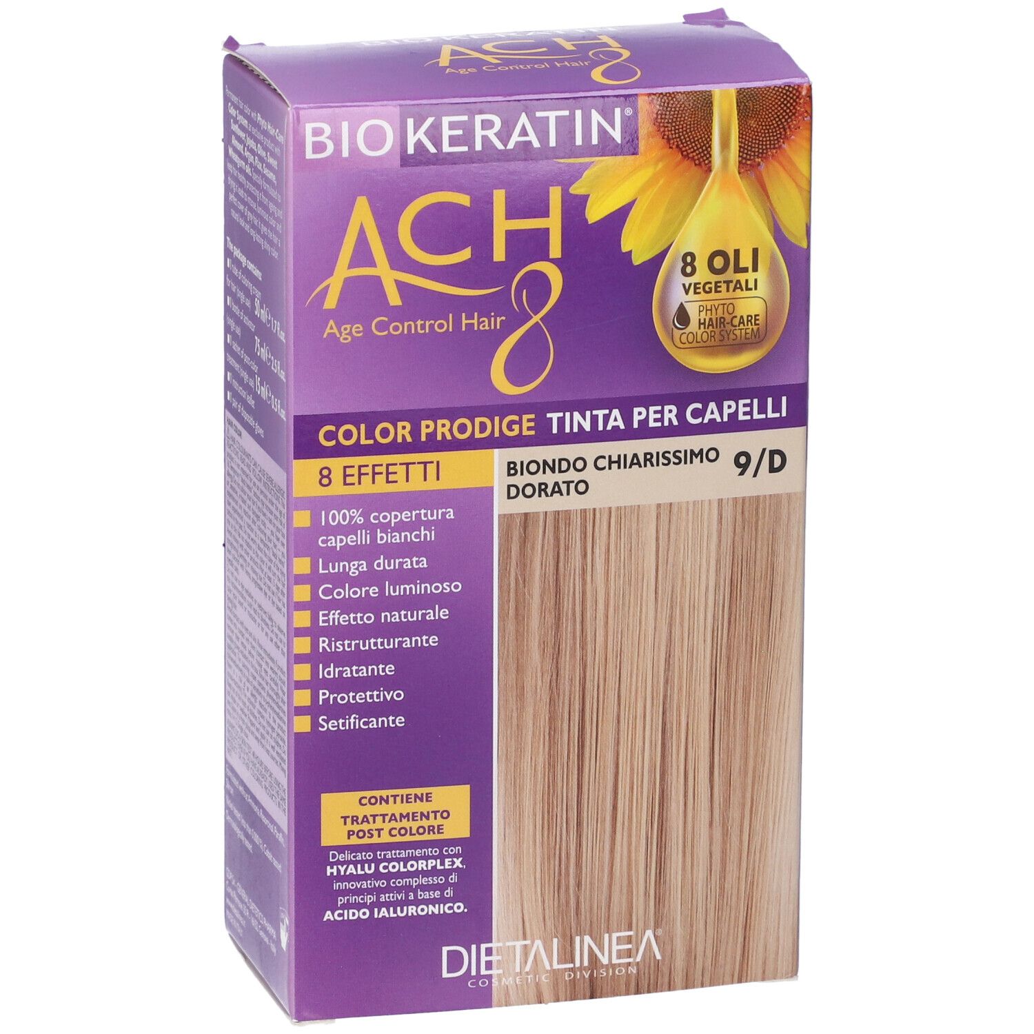 Confezione di tinta per capelli con capelli biondi. Sulla confezione è scritto 'Biokeratin ACH8 Color Prodige 9/D'.