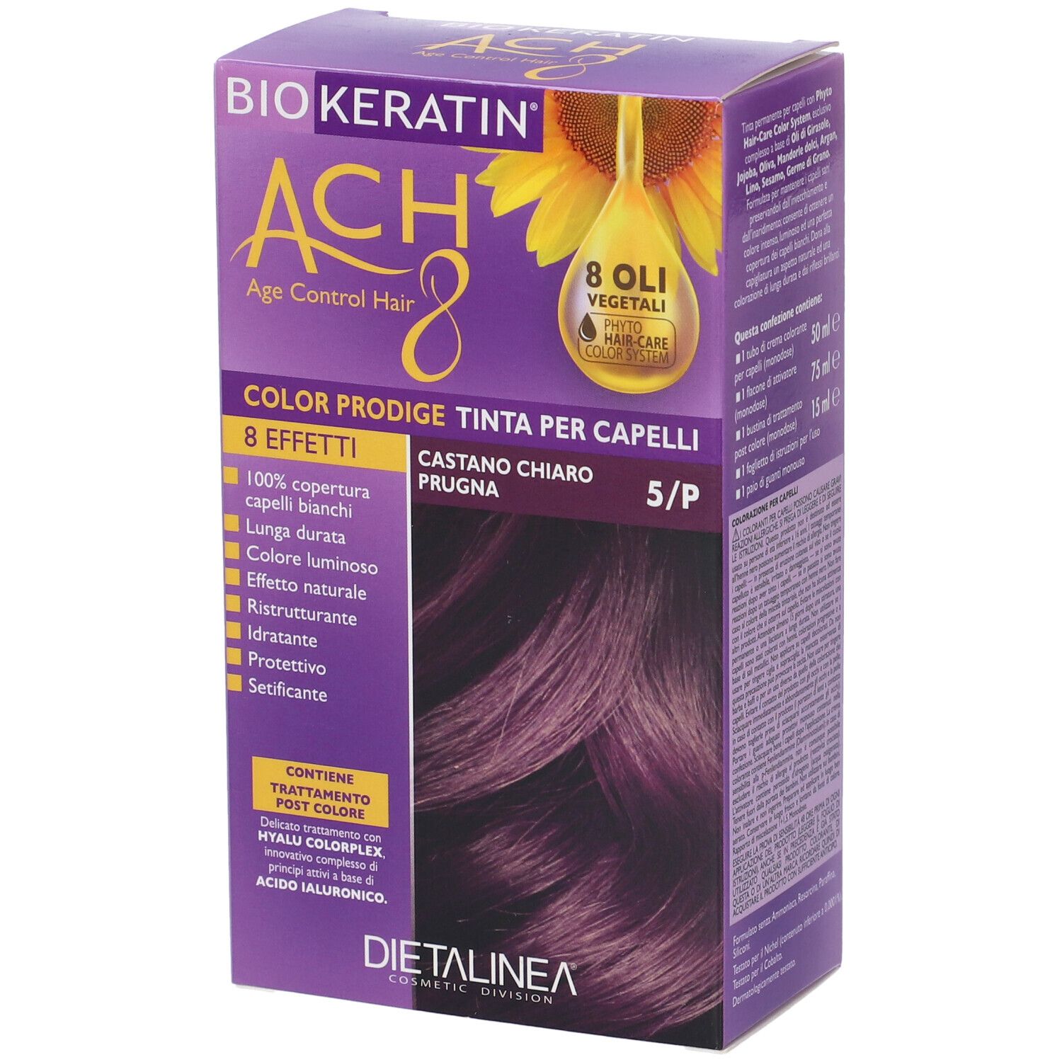 Scatola per la colorazione dei capelli. Scritta: Biokeratin ACH8 Color Prodige. Colore: 5/P Castano Chiaro Prugna. Con 8 effetti. Illustrazione di girasole.