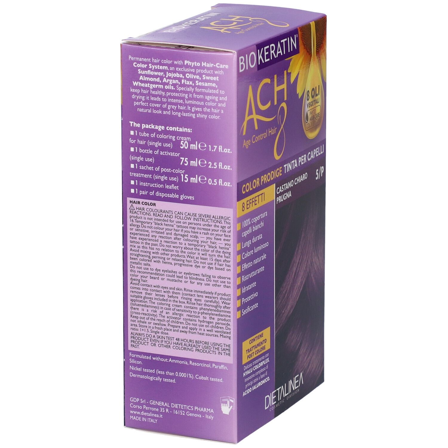 Scatola per la colorazione dei capelli. Scritta: Biokeratin ACH8 Color Prodige. Colore: 5/P Castano Chiaro Prugna. Con 8 effetti. Illustrazione di girasole. Retro.