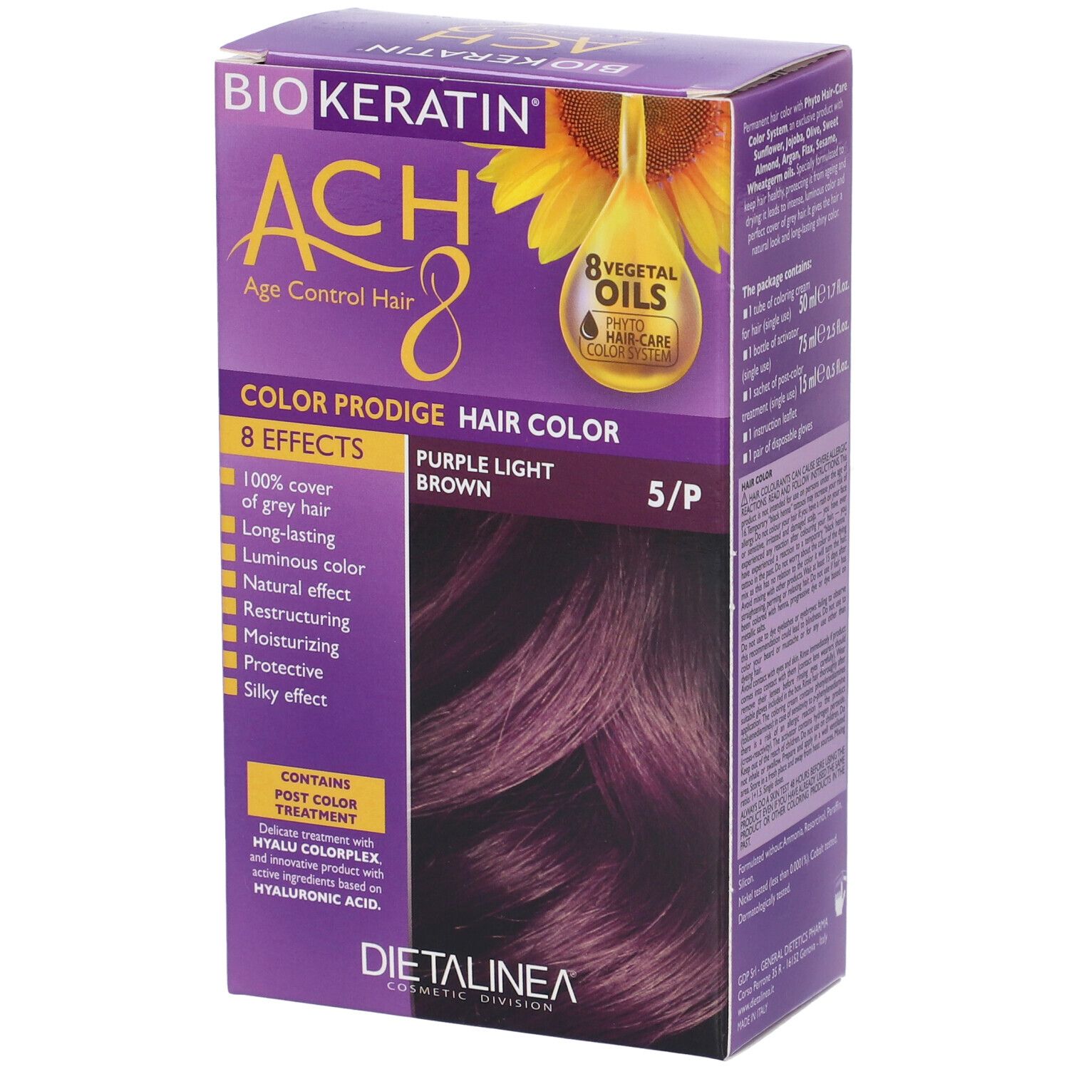 Scatola per la colorazione dei capelli. Scritta: Biokeratin ACH8 Color Prodige. Colore: 5/P Purple Light Brown. Con 8 effetti. Illustrazione di girasole.