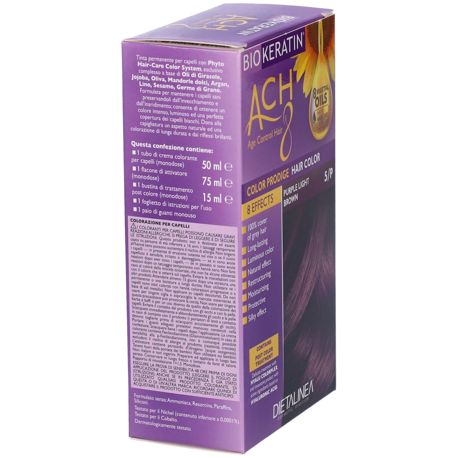 Scatola per la colorazione dei capelli. Scritta: Biokeratin ACH8 Color Prodige. Colore: 5/P Purple Light Brown. Con 8 effetti. Illustrazione di girasole. Retro.