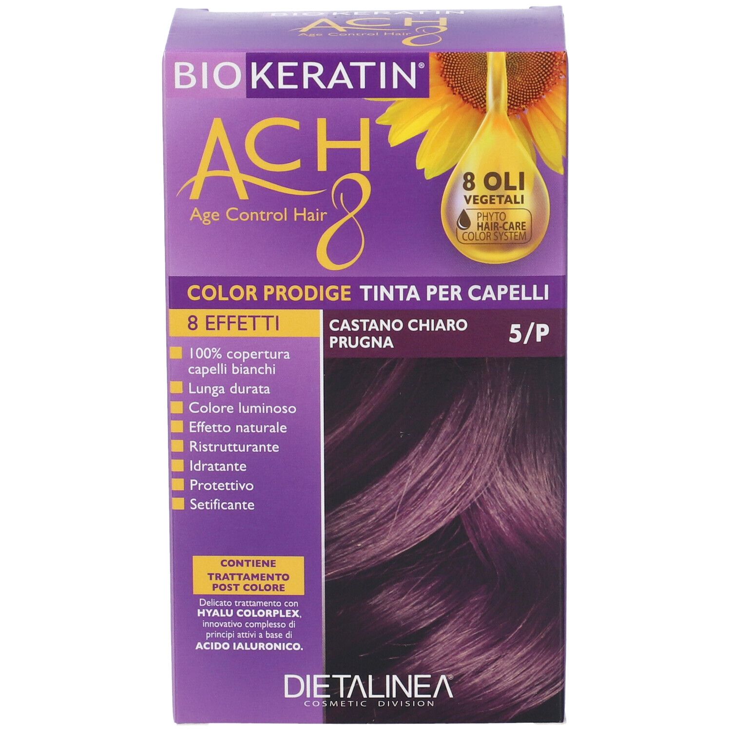 Scatola per la colorazione dei capelli. Scritta: Biokeratin ACH8 Color Prodige. Colore: 5/P Castano Chiaro Prugna. Con 8 effetti. Illustrazione di girasole.