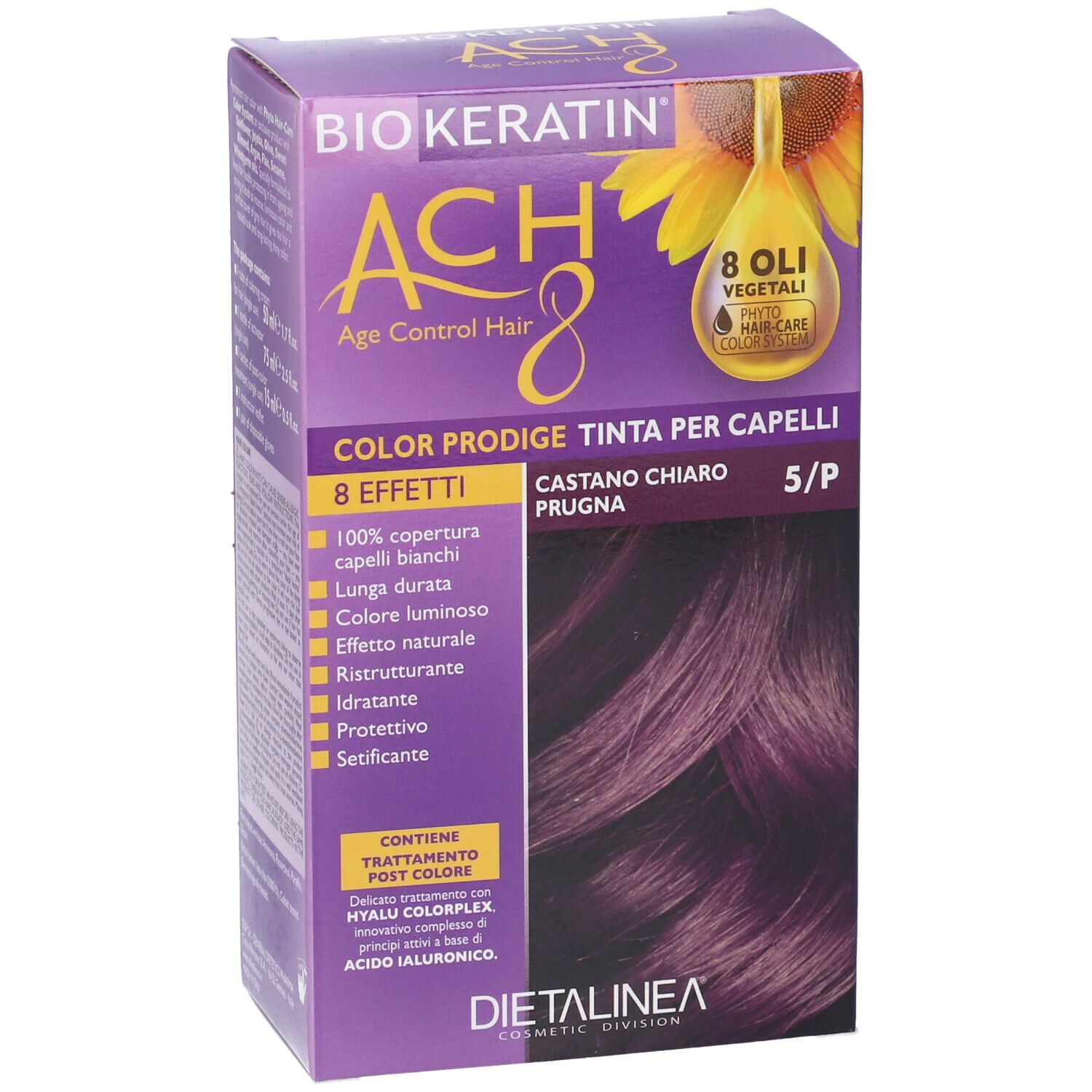 Scatola per la colorazione dei capelli. Scritta: Biokeratin ACH8 Color Prodige. Colore: 5/P Castano Chiaro Prugna. Con 8 effetti. Illustrazione di girasole.