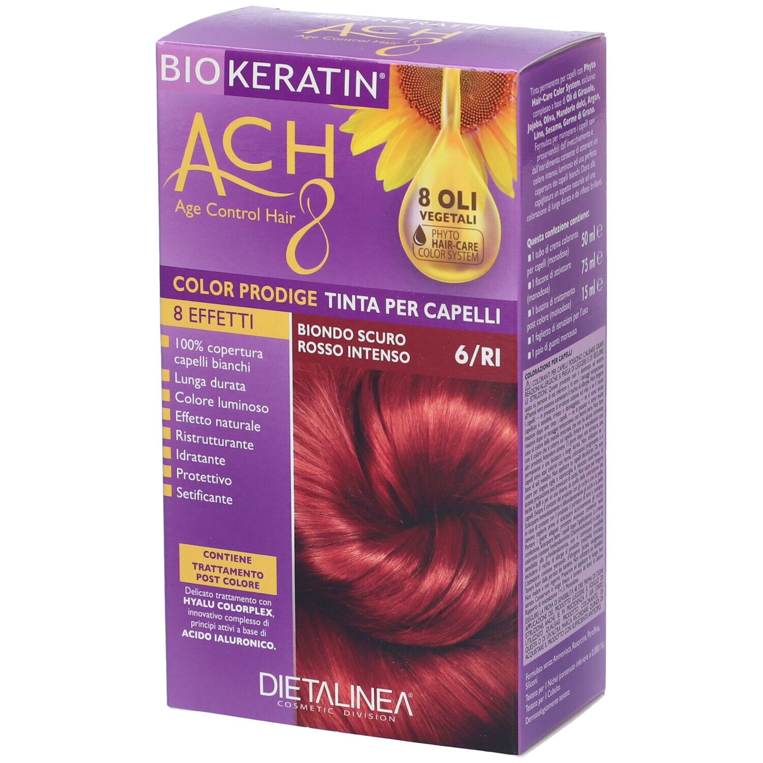Scatola di colorazione per capelli. Nome e dettagli del prodotto visibili. Colore: Biondo Scuro Rosso Intenso 6/Ri. Marchio: Biokeratin.