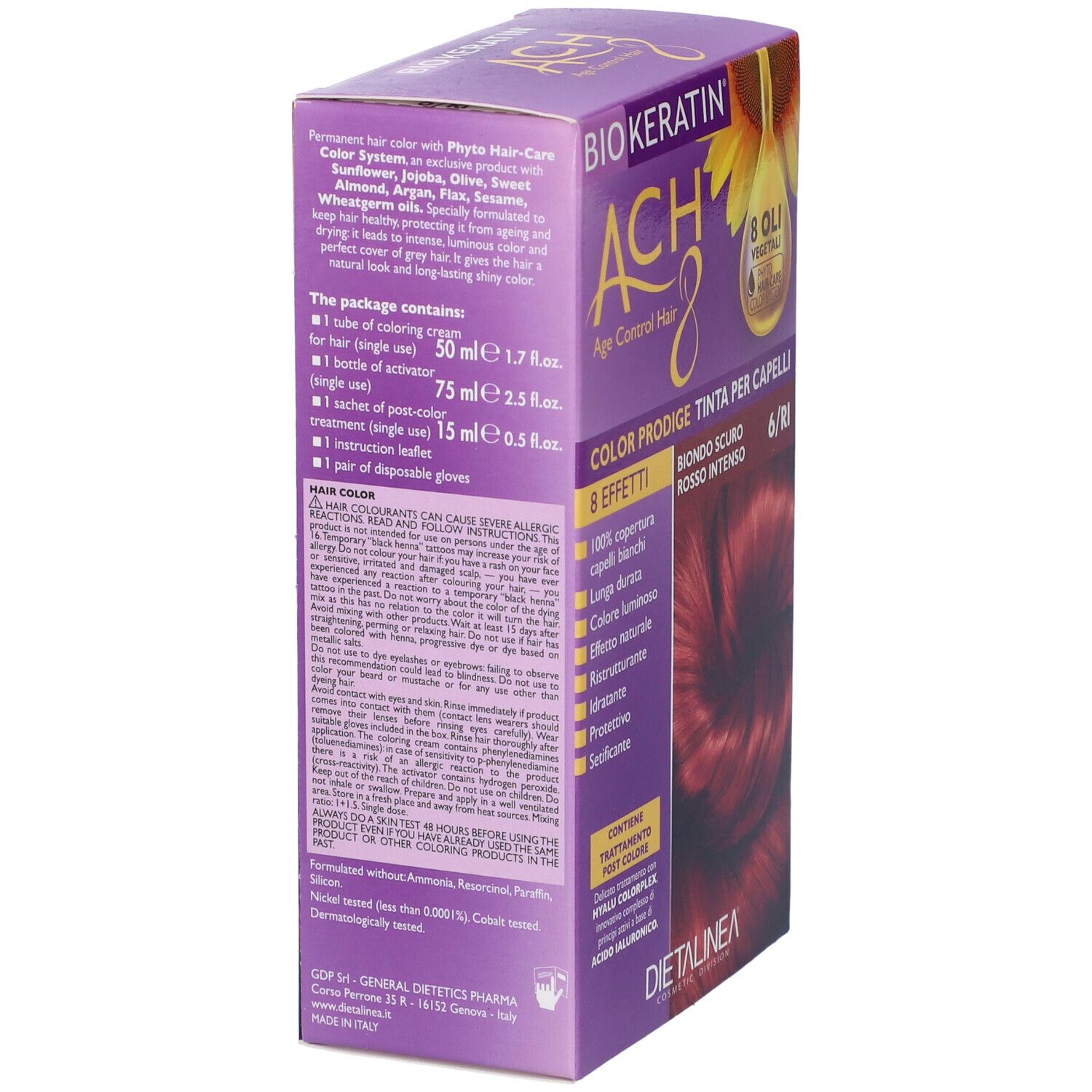 Scatola di colorazione per capelli, vista laterale. Nome e dettagli del prodotto visibili. Marchio: Biokeratin. Contiene informazioni.