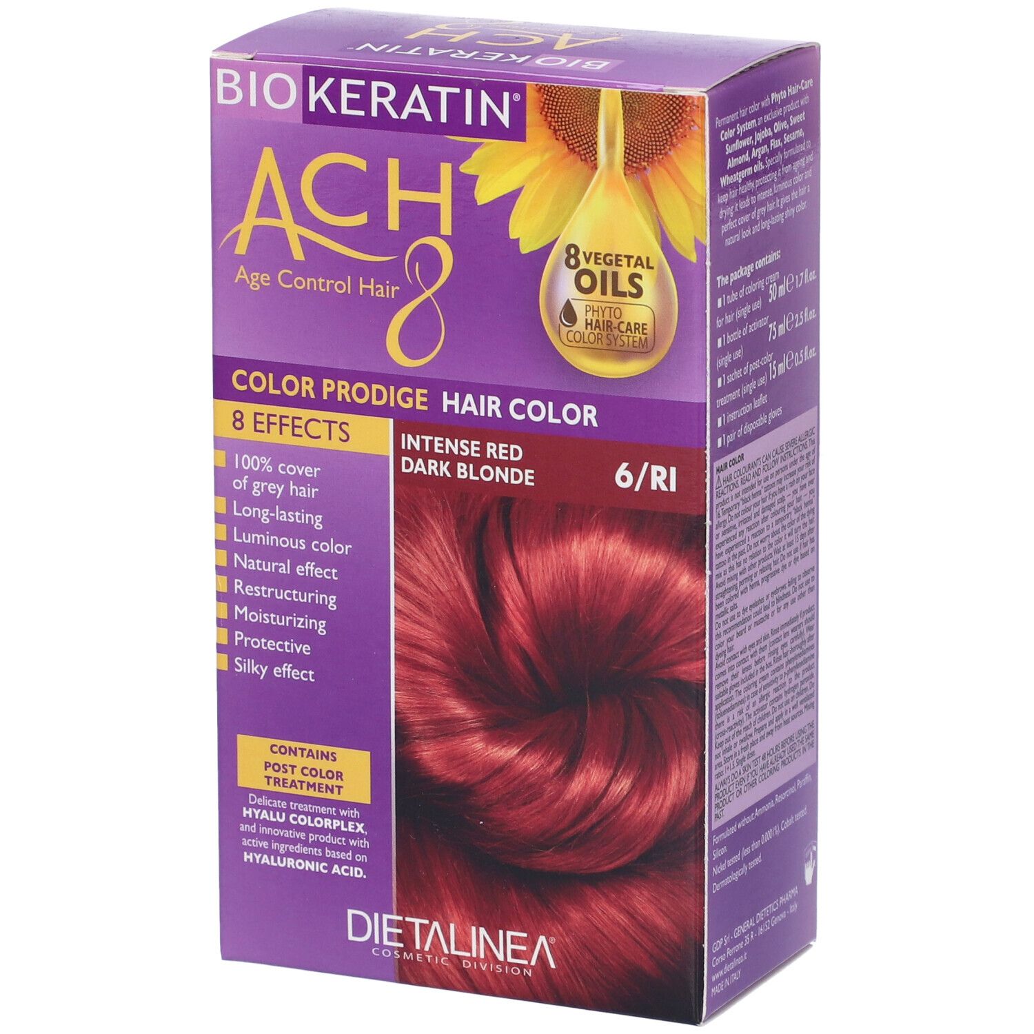 Scatola di colorazione per capelli. Nome e dettagli del prodotto visibili. Colore: Intense Red Dark Blonde 6/Ri. Marchio: Biokeratin.