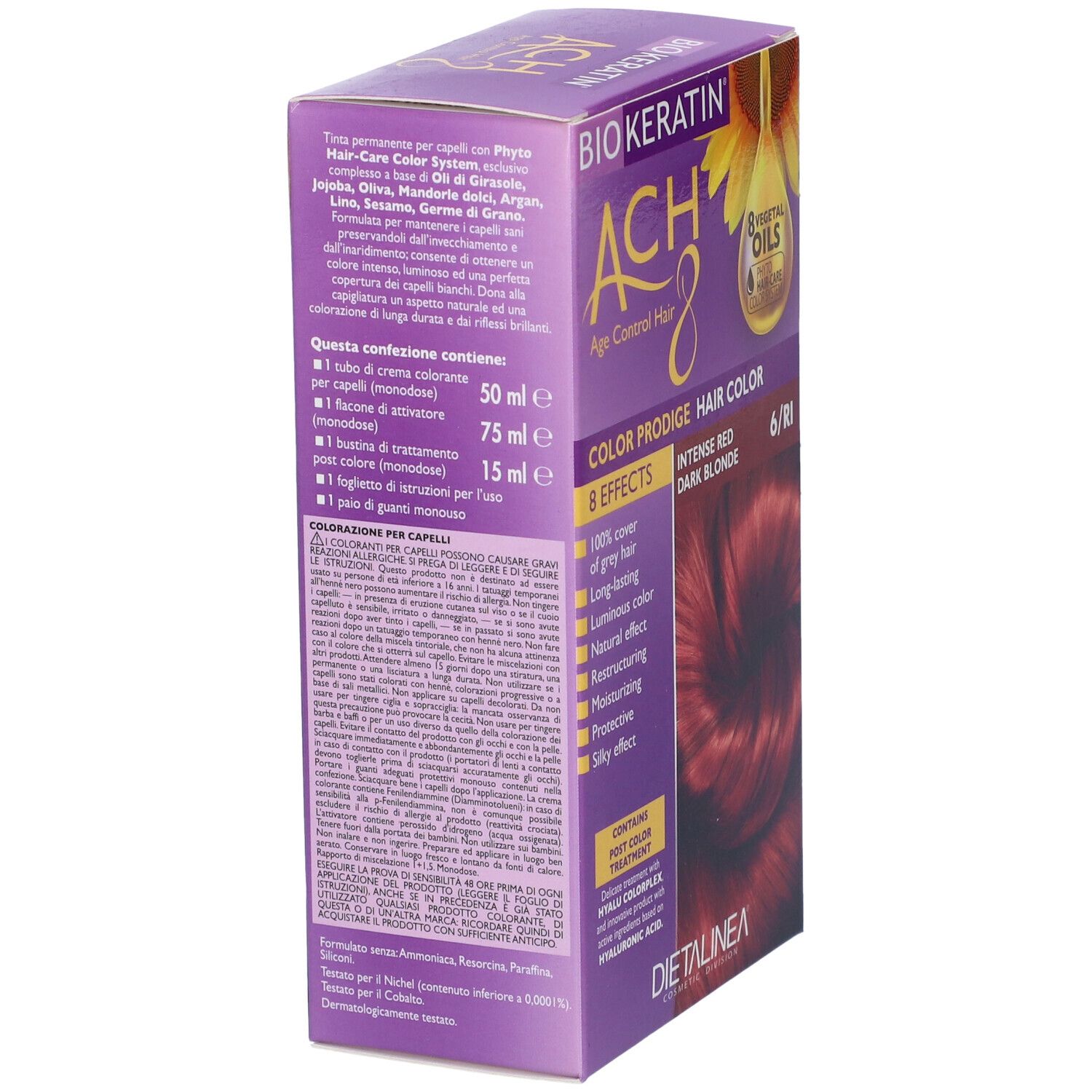 Scatola di colorazione per capelli, vista laterale. Nome e dettagli del prodotto visibili. Marchio: Biokeratin. Contiene informazioni.