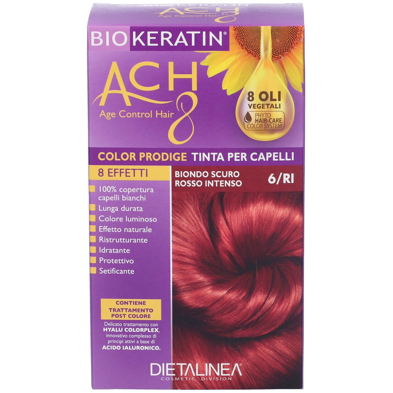 Scatola di colorazione per capelli. Nome e dettagli del prodotto visibili. Colore: Biondo Scuro Rosso Intenso 6/Ri. Marchio: Biokeratin.