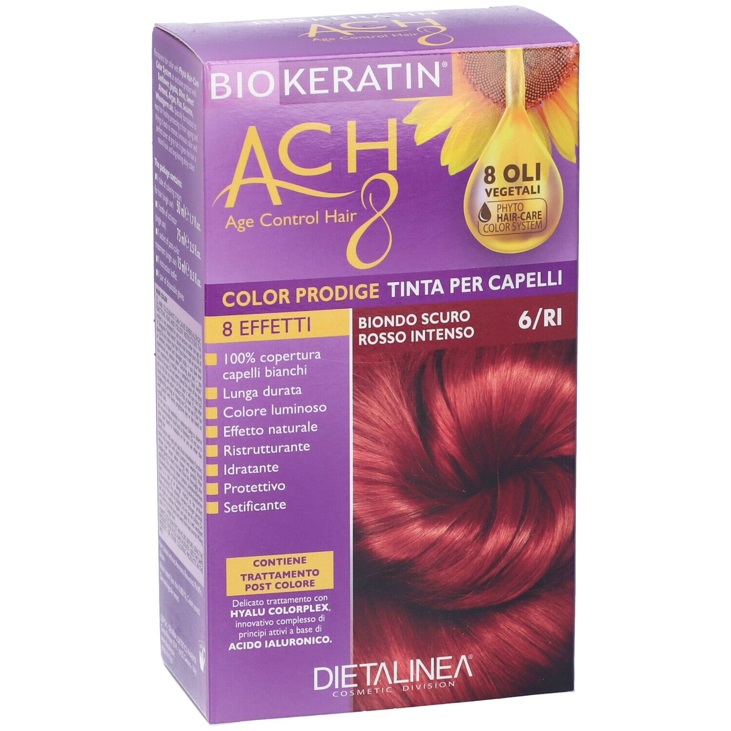 Scatola di colorazione per capelli. Nome e dettagli del prodotto visibili. Colore: Biondo Scuro Rosso Intenso 6/Ri. Marchio: Biokeratin.