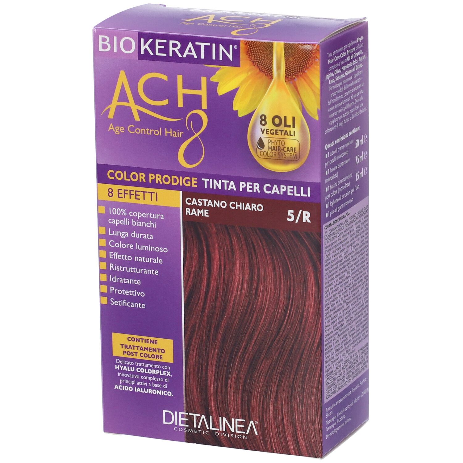 Scatola per la colorazione dei capelli. Scritta: BIOKERATIN ACH8 Color Prodige, Castano Chiaro Rame 5/R. Immagine di capelli tinti.