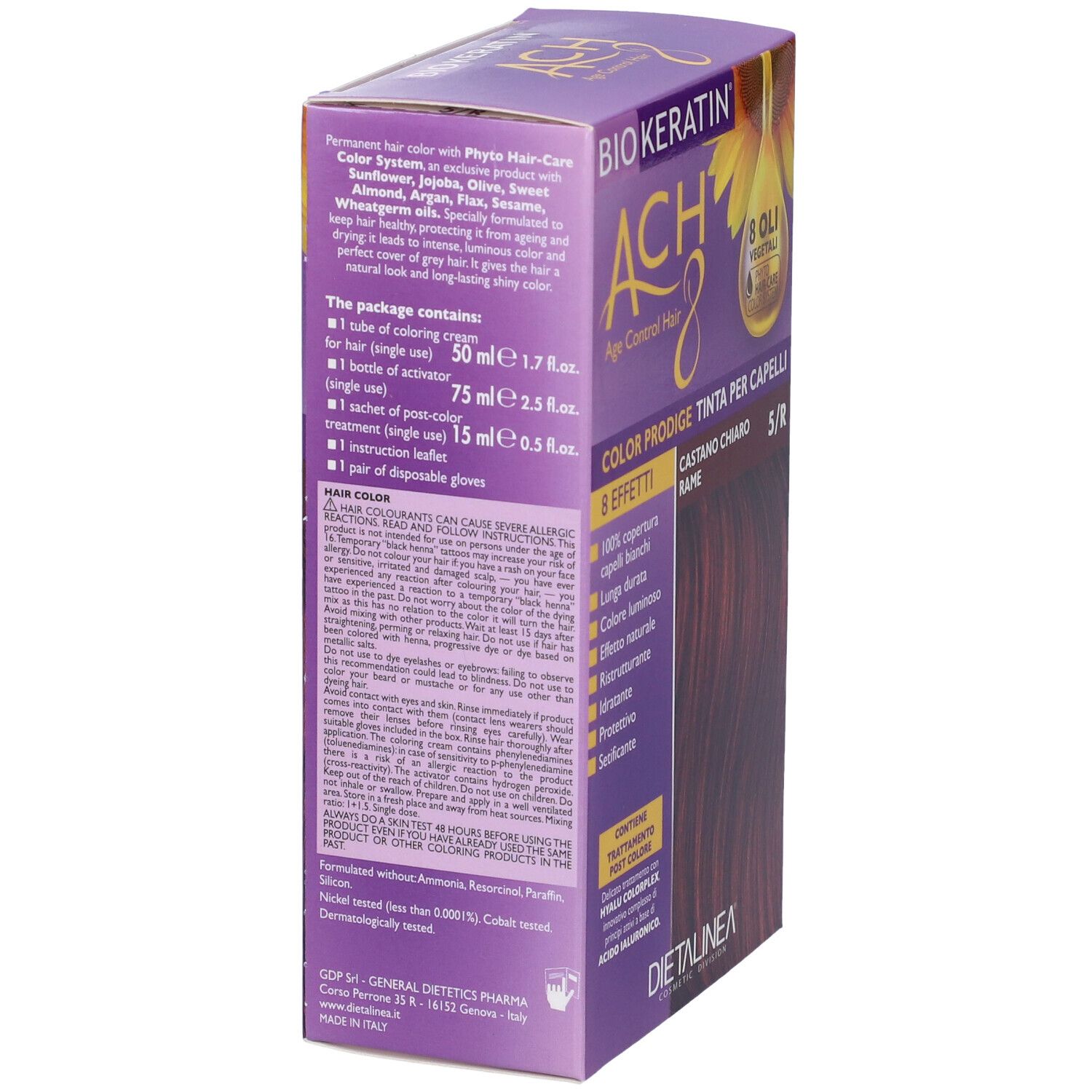 Scatola per la colorazione dei capelli. Retro con testo. Scritta: BIOKERATIN ACH8 Color Prodige, Castano Chiaro 5/R. Contenuti.