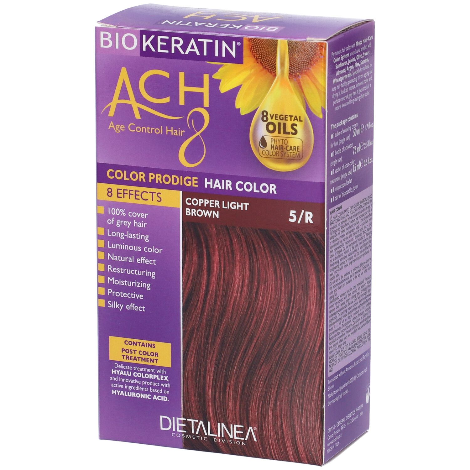 Scatola per la colorazione dei capelli. Scritta: BIOKERATIN ACH8 Color Prodige, Copper Light Brown 5/R. Immagine di capelli tinti.