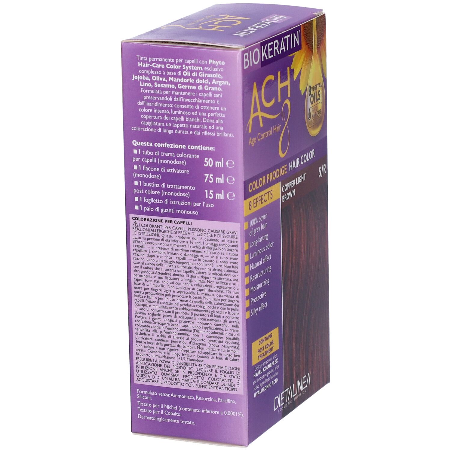 Scatola per la colorazione dei capelli. Retro con testo. Scritta: BIOKERATIN ACH8 Color Prodige, Copper Light Brown 5/R. Contenuti.