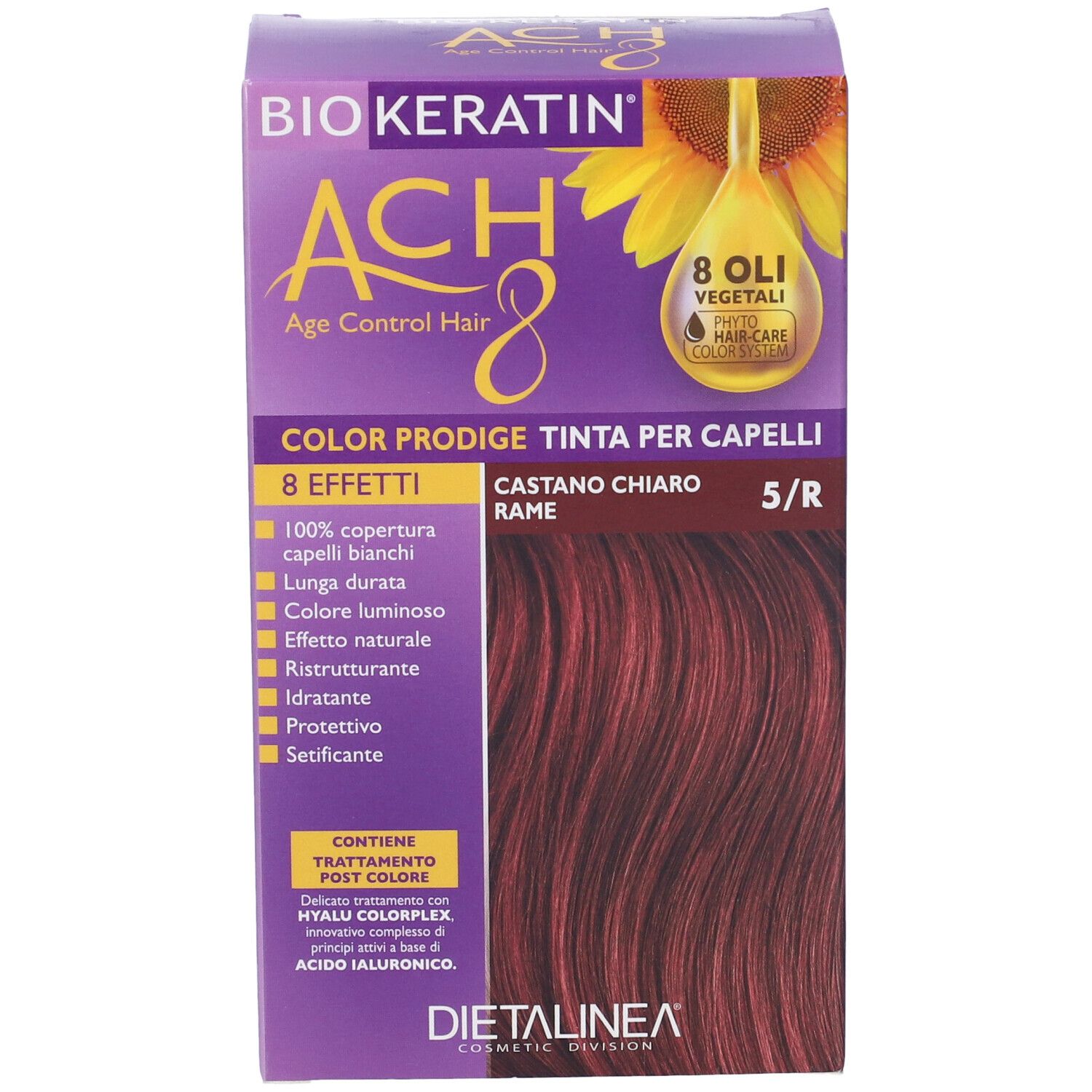 Scatola per la colorazione dei capelli. Scritta: BIOKERATIN ACH8 Color Prodige, Castano Chiaro Rame 5/R. Immagine di capelli tinti.