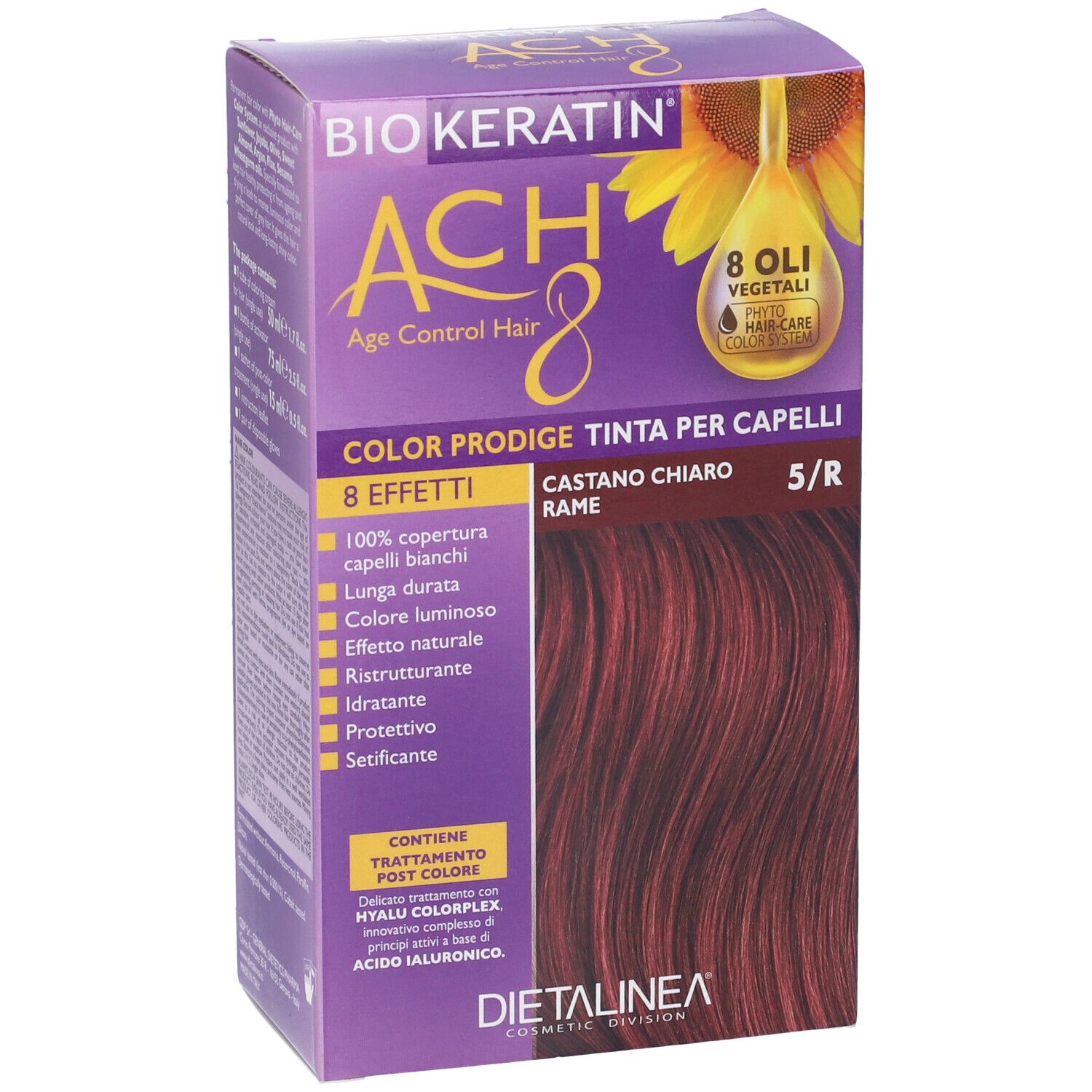 Scatola per la colorazione dei capelli. Scritta: BIOKERATIN ACH8 Color Prodige, Castano Chiaro Rame 5/R. Immagine di capelli tinti.