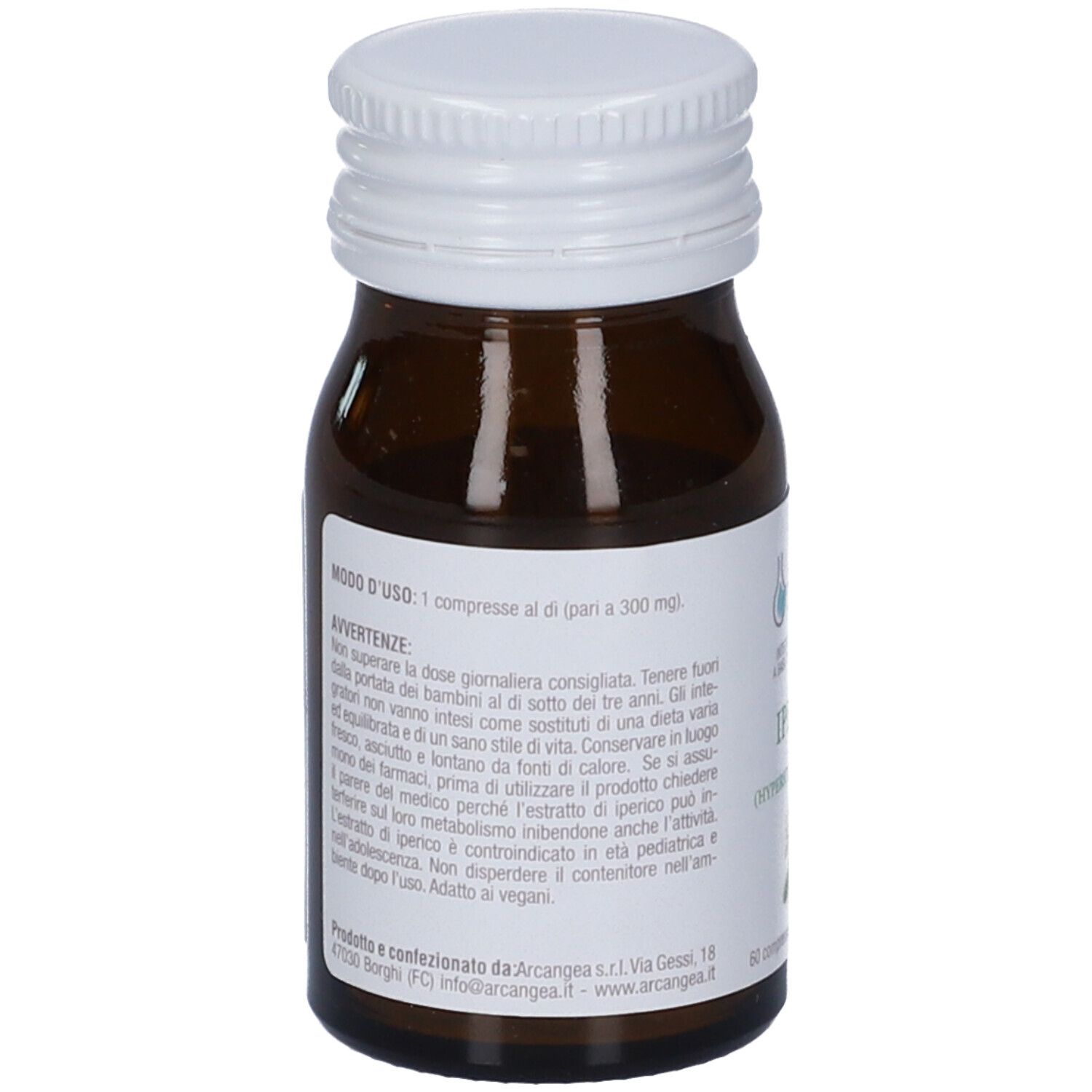 Flacone di vetro marrone con tappo bianco. Etichetta con testo. Vista posteriore.