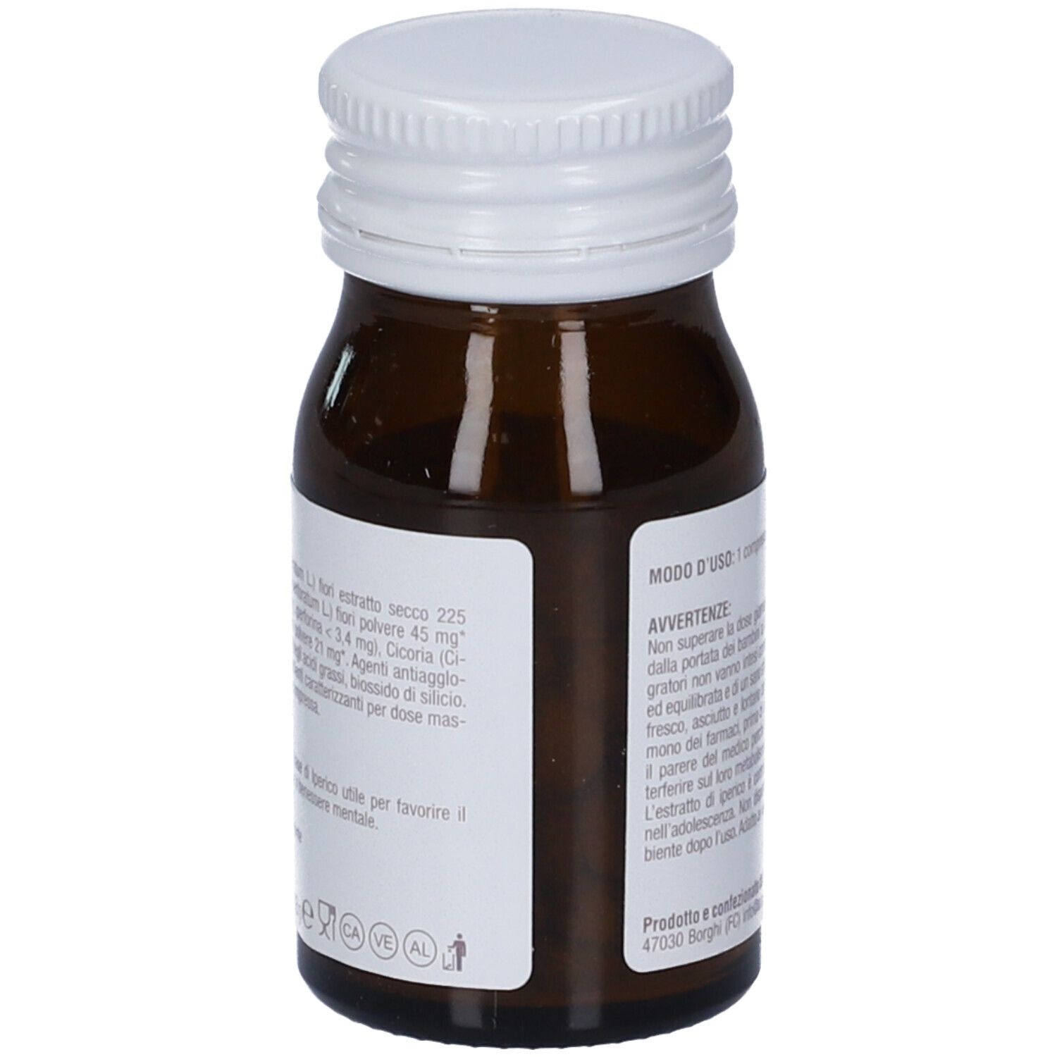 Flacone di vetro marrone con tappo bianco. Etichetta con testo. Vista laterale.