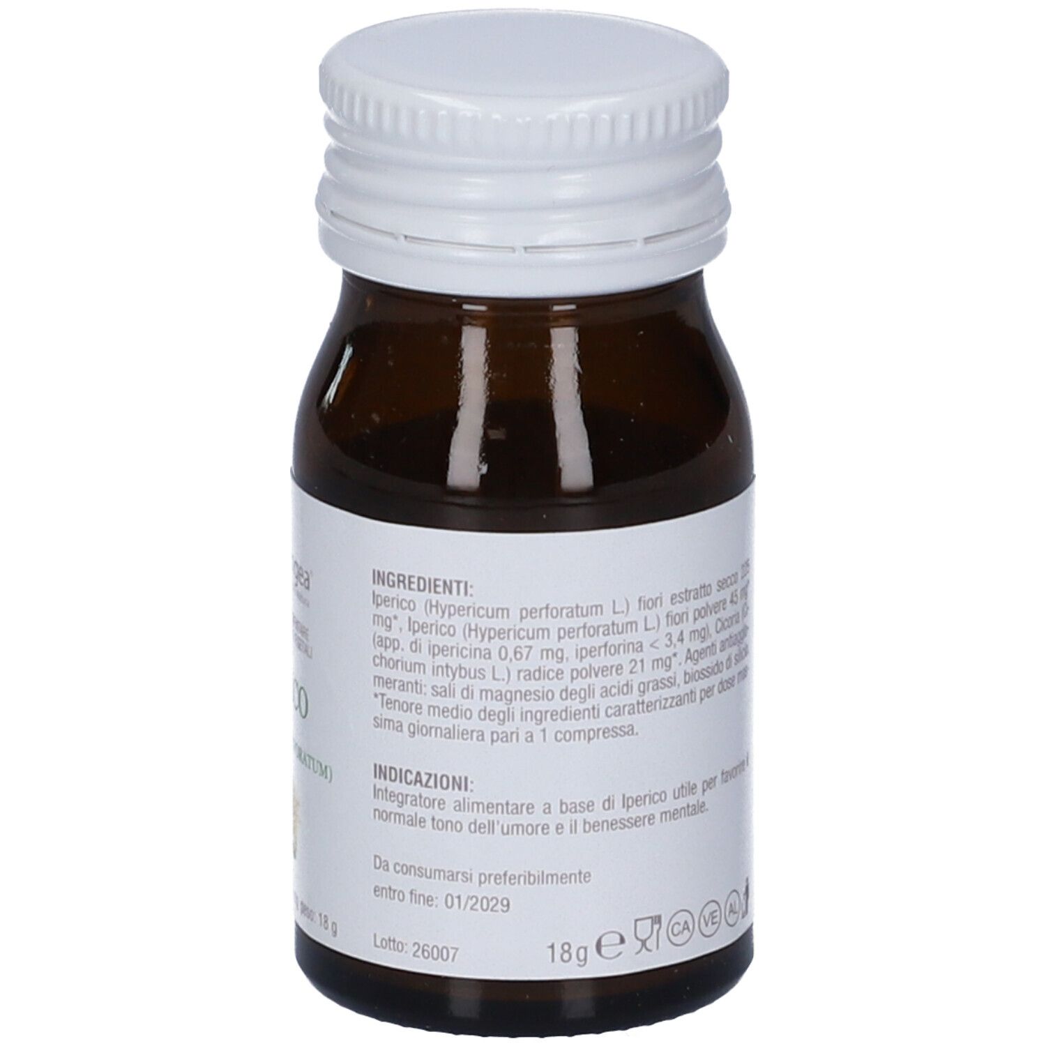 Flacone di vetro marrone con tappo bianco. Etichetta con ingredienti e testo.