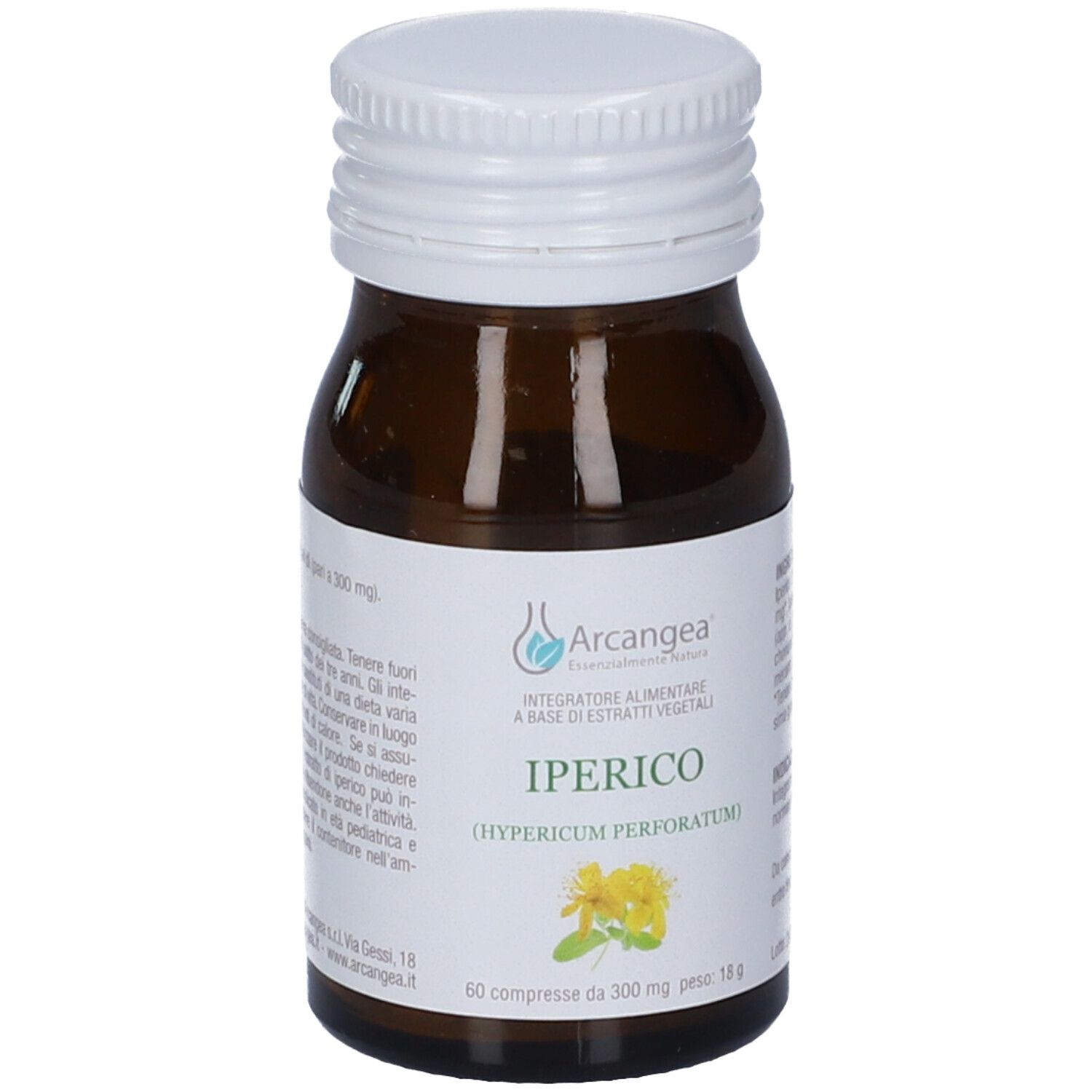 Flacone di vetro marrone con tappo bianco. Etichetta con nome del prodotto, logo e testo.