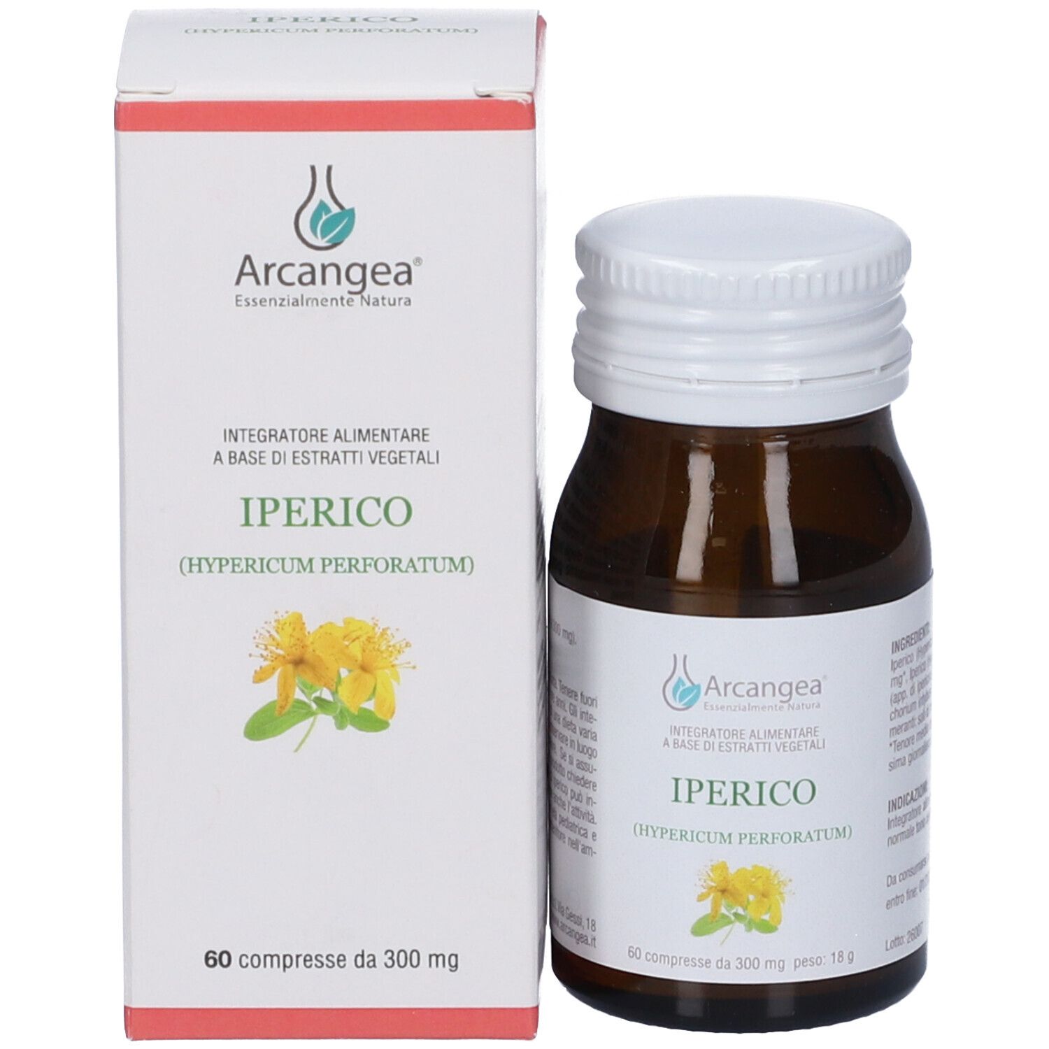 Flacone di vetro marrone con tappo bianco e scatola. Nome del prodotto e logo su etichetta e scatola.