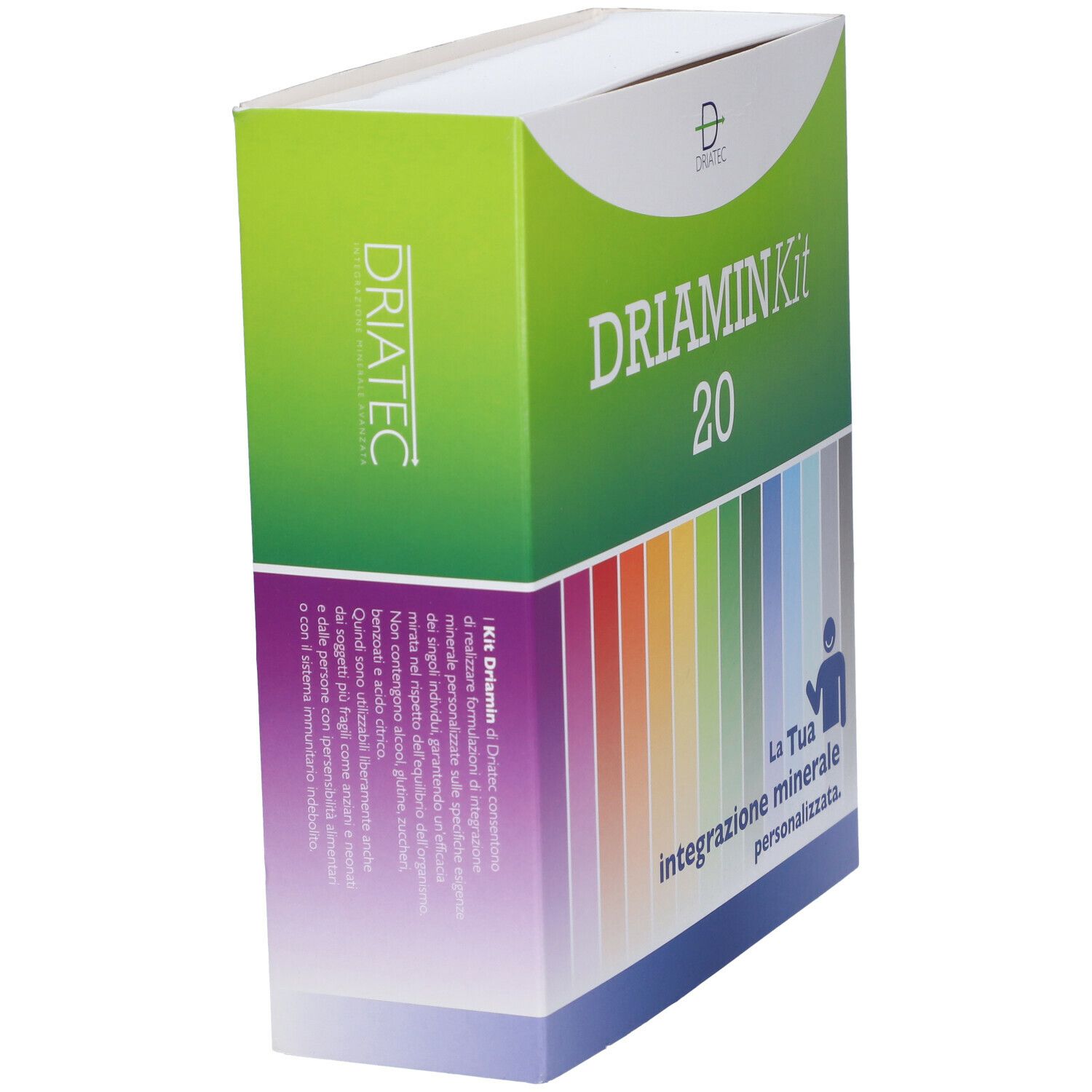 Confezione 'Driamin Kit 20' angolata. Logo 'Driatec', sfumatura colori e testo. Testo sul retro.