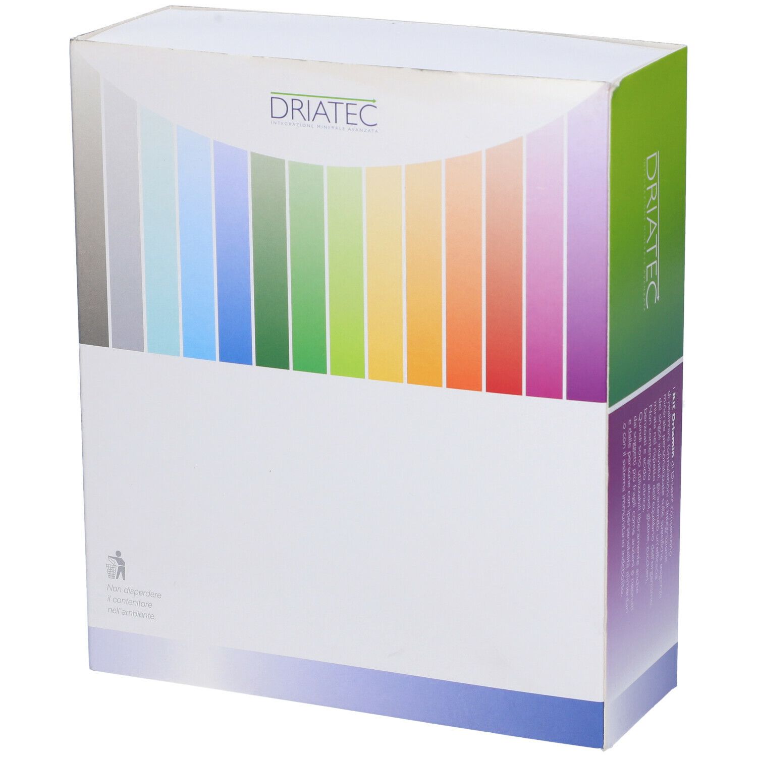 Confezione con logo 'Driatec' e sfumatura colori. Fronte con testo e pittogramma. Sfondo bianco.