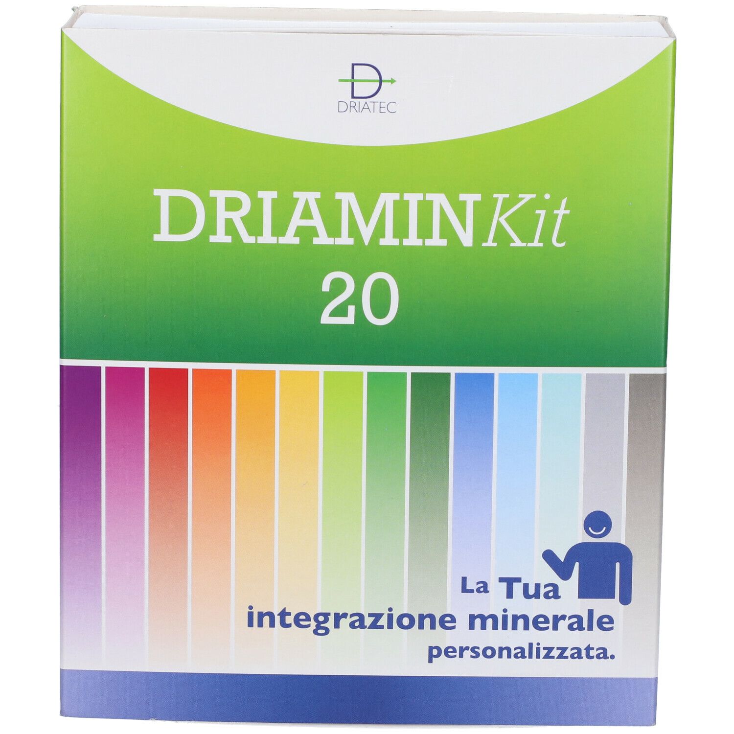 Confezione 'Driamin Kit 20'. Logo 'Driatec', sfumatura colori e testo 'integr. minerale personalizzata'.