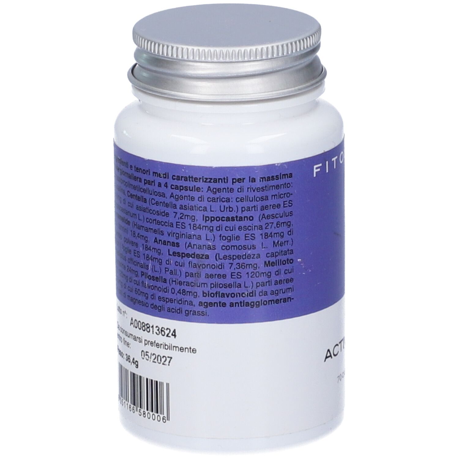 Retro del flacone. Scritte blu con ingredienti e informazioni. Testo: ACTIVE LEGS PLUS. Logo: SODINI FITOLINEA.