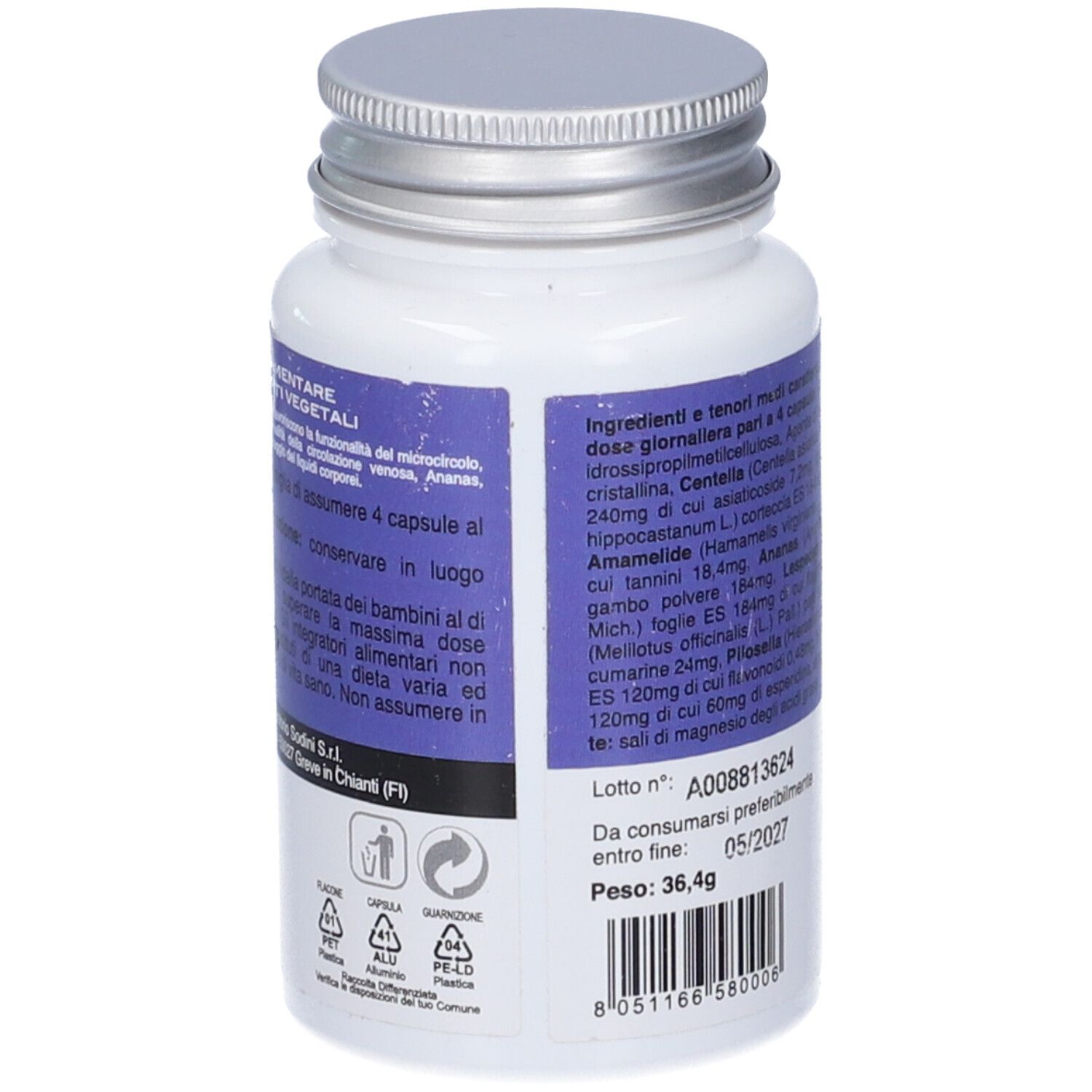 Retro del flacone. Scritte blu con ingredienti e informazioni. Testo: ACTIVE LEGS PLUS. Logo: SODINI FITOLINEA.