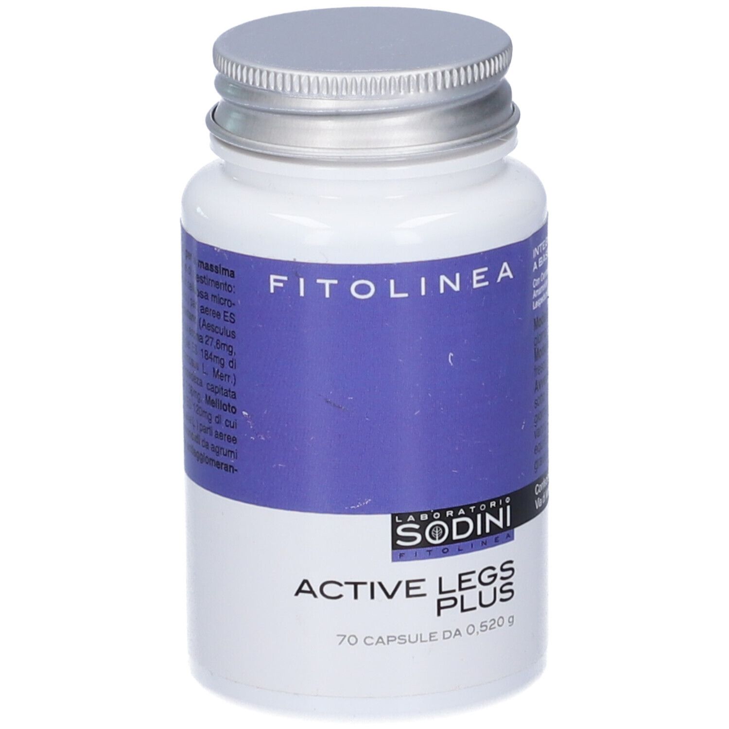Flacone bianco con coperchio argentato. Scritta: FITOLINEA, ACTIVE LEGS PLUS, 70 capsule. Logo: SODINI FITOLINEA.