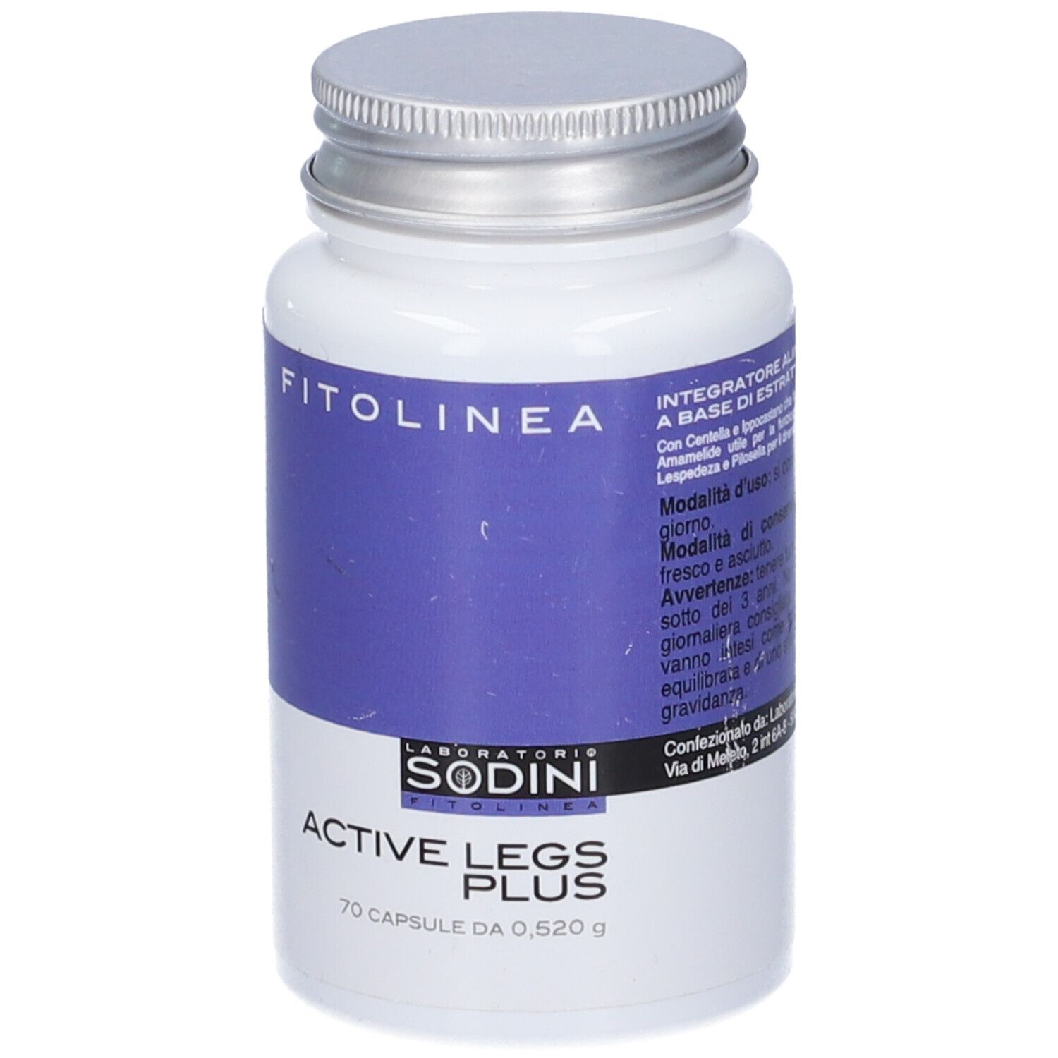 Flacone bianco con coperchio argentato. Scritta: FITOLINEA, ACTIVE LEGS PLUS, 70 capsule. Logo: SODINI FITOLINEA.
