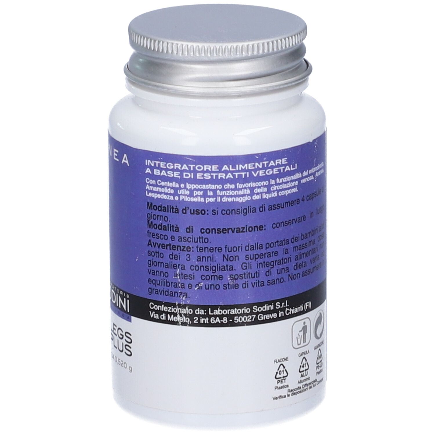 Retro del flacone. Scritte blu con ingredienti e informazioni. Testo: ACTIVE LEGS PLUS. Logo: SODINI FITOLINEA.