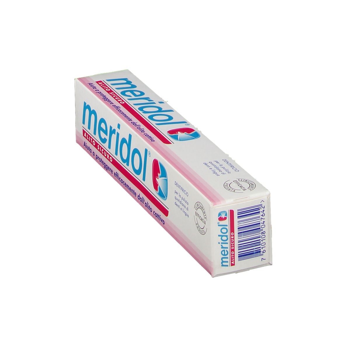 Confezione di dentifricio 'meridol'. Vista angolata della scatola bianca con logo blu e rosso. Testo in italiano.