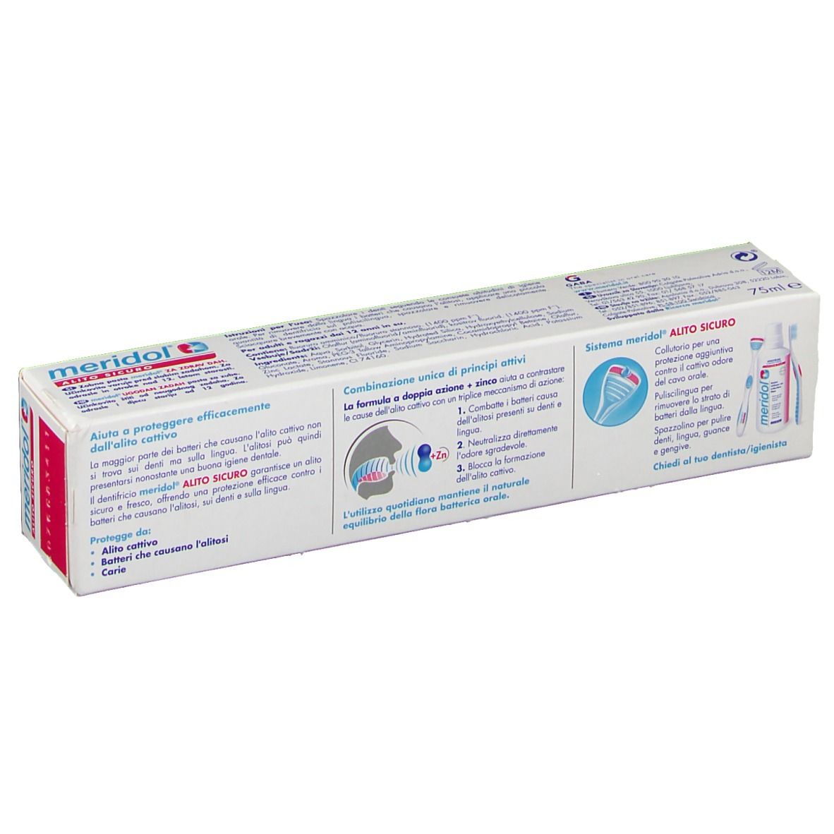 Retro della confezione di dentifricio 'meridol'. Testo e illustrazioni in italiano. Contiene informazioni sul prodotto.