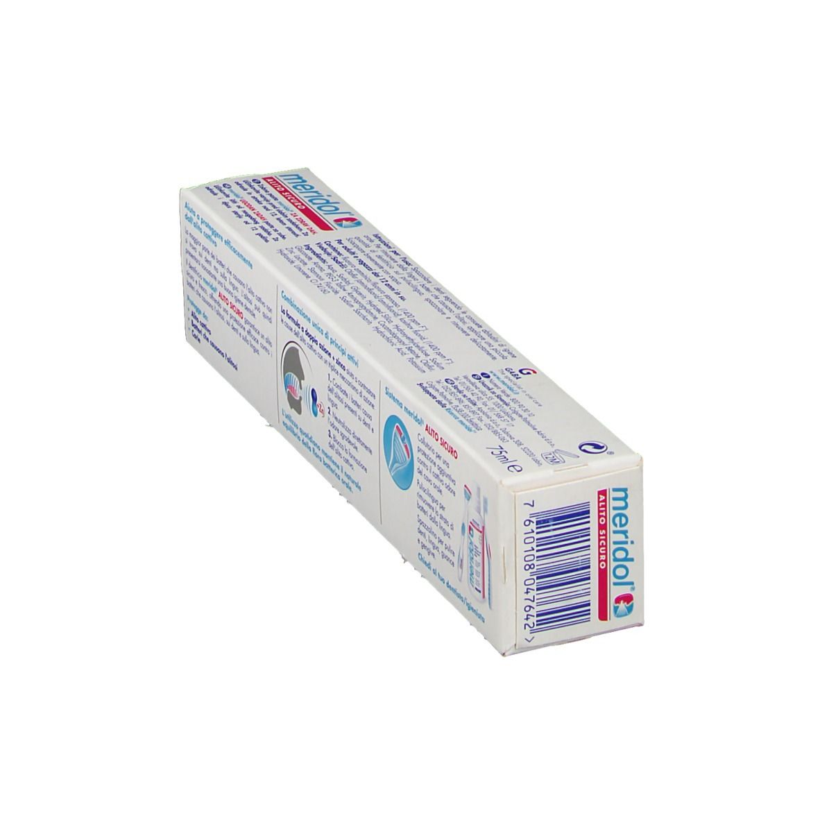 Vista angolata del retro della confezione di dentifricio 'meridol'. Testo e codice a barre. Testo in italiano.