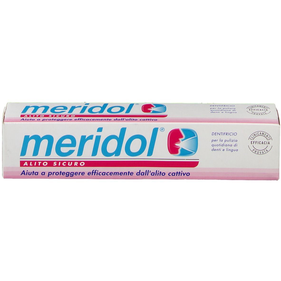 Confezione di dentifricio 'meridol'. Scatola bianca con logo blu e rosso. Testo in italiano. 'Clinicamente efficacia'.