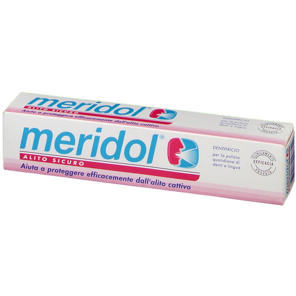 Confezione di dentifricio 'meridol'. Scatola bianca con logo blu e rosso. Testo in italiano. 'Clinicamente provata'.