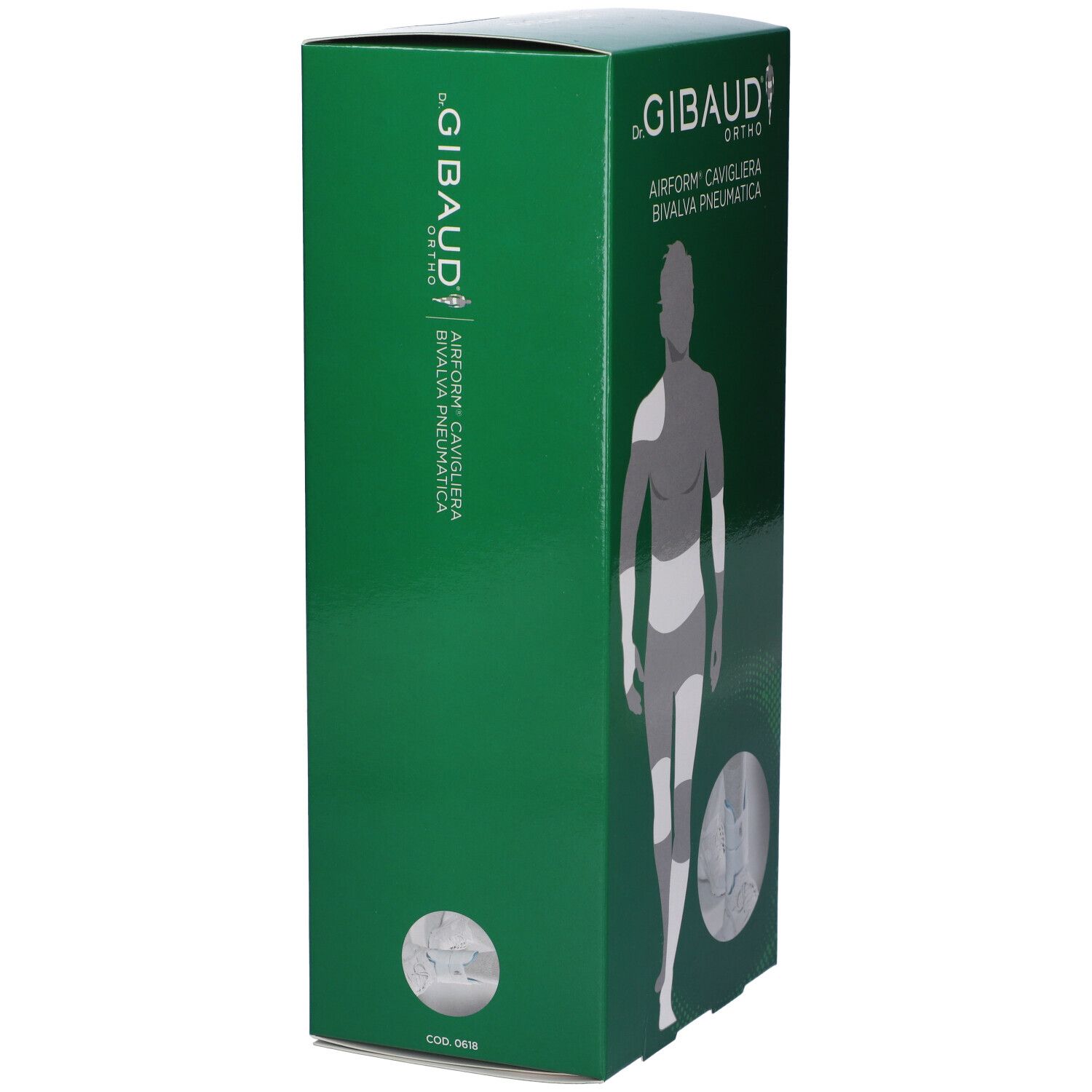 Scatola verde, vista laterale. Scritto: Gibaud Ortho, Airform Cavigliera Bivalva Pneumatica. Con immagine del prodotto e logo.